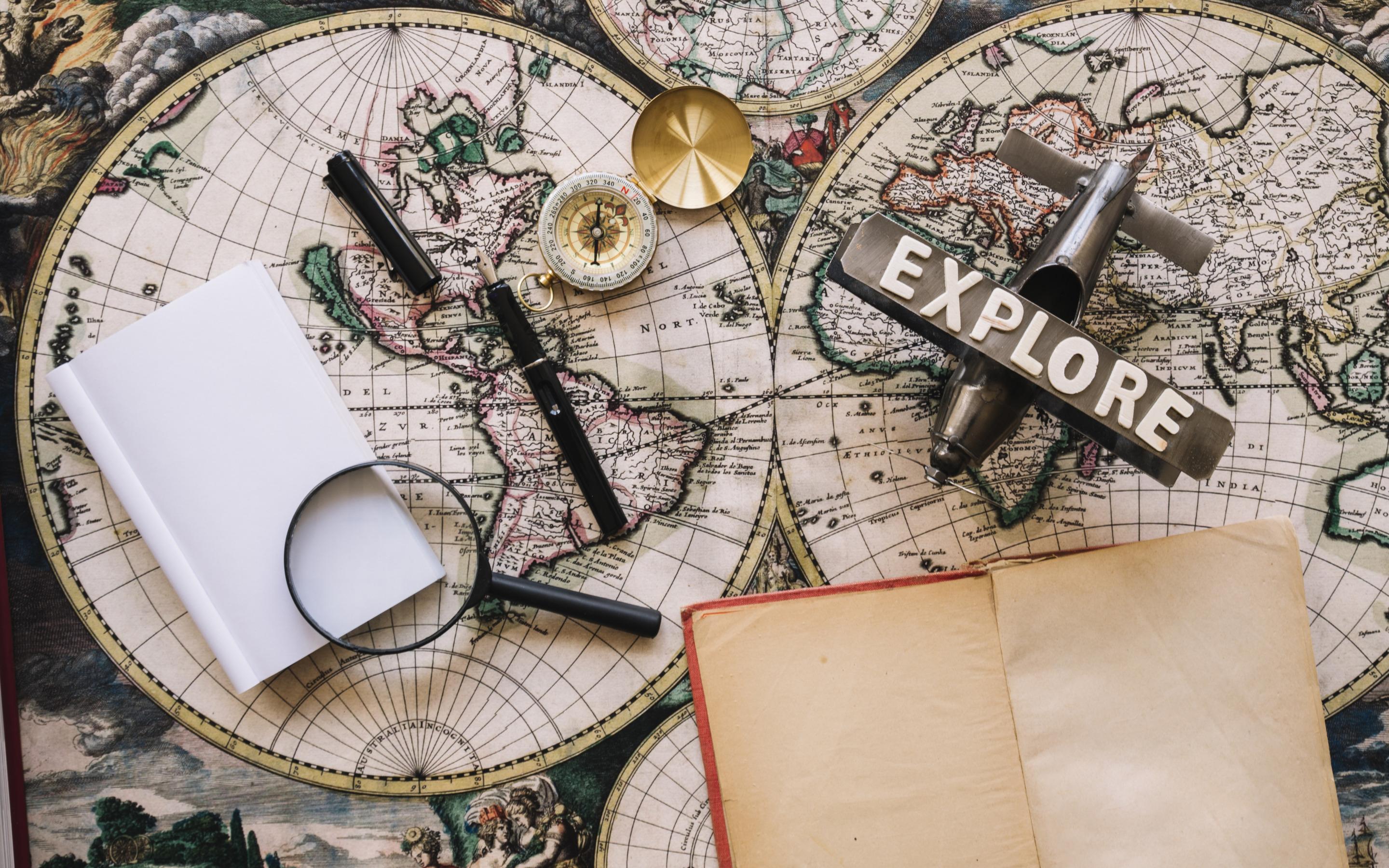 2880x1800 Download wallpaper compass on world map, retro travel background, old retro card, vintage world map, magnifier, air travel concepts, travel concepts for desktop with resolution 2880x1800. High Quality HD picture wallpaper