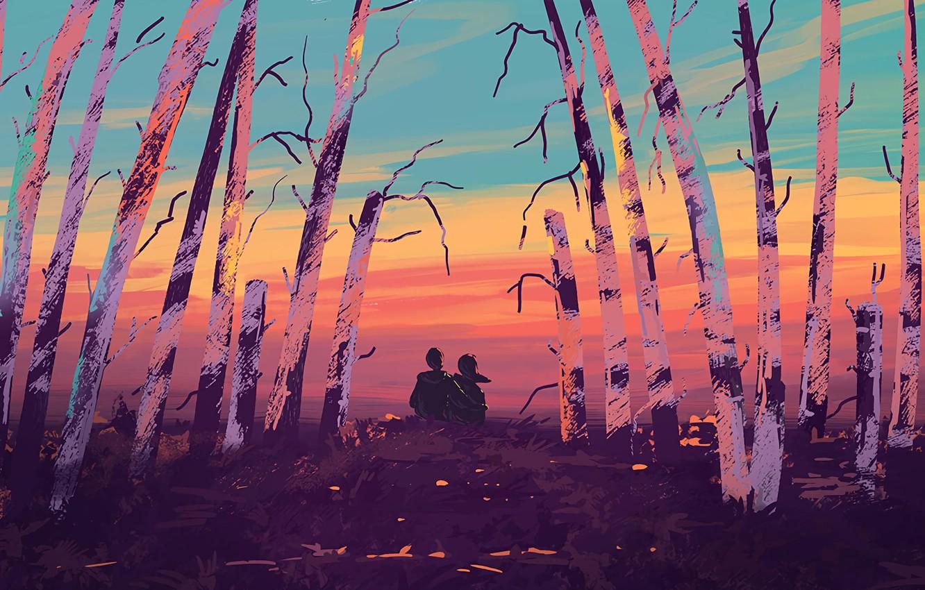 1332x850 Photo Wallpaper Forest, Twilight, Sky, Trees, Nature, Digital Art HD Wallpaper