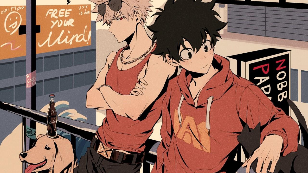 1280x720 Izuku Midoriya Katsuki Bakugou In Brown Dress HD My Hero Academia Wallpaper