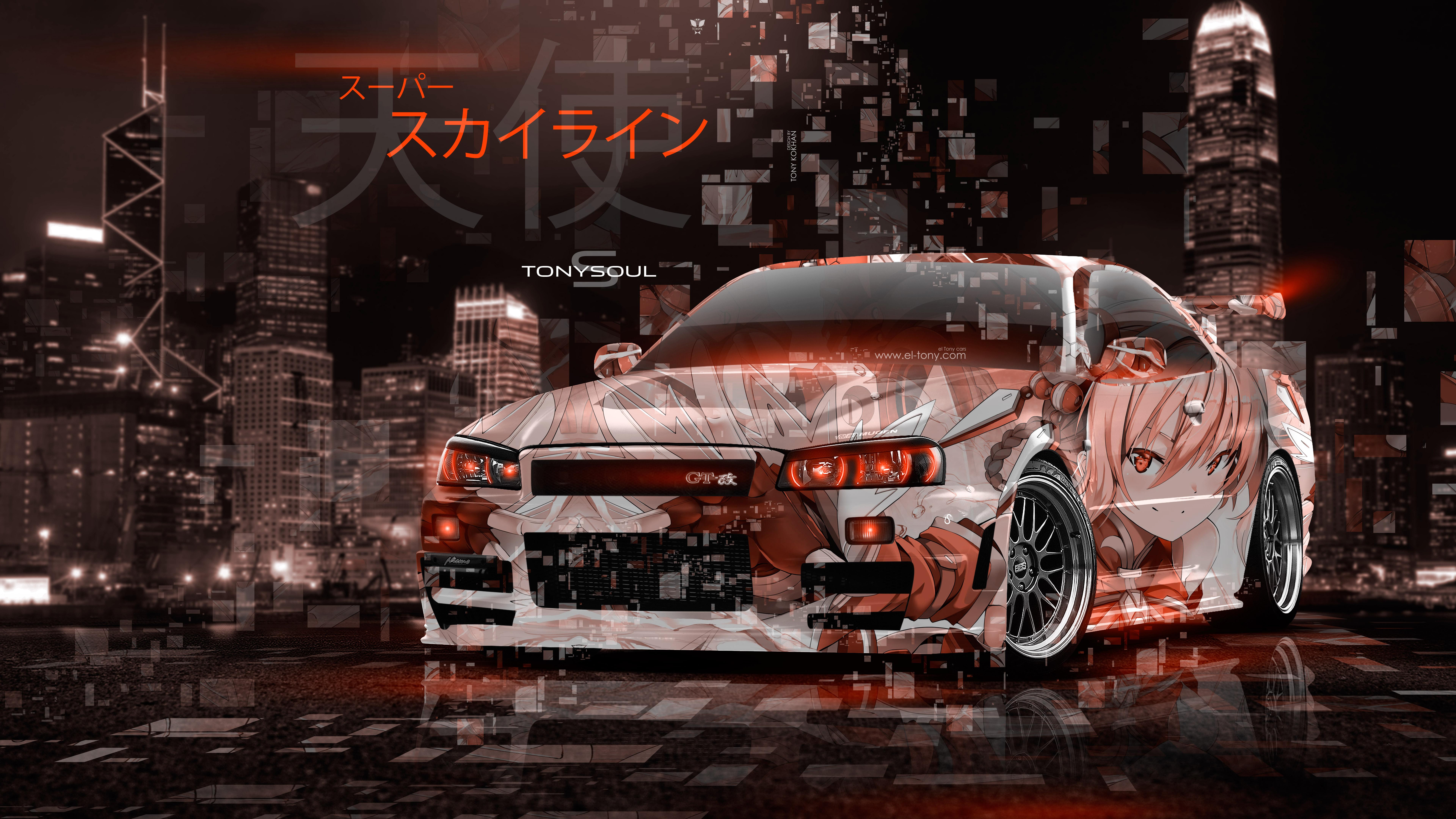 7680x4320 NISSAN SKYLINE GTR R34 JDM TUNING SUPER ANIME GIRL ANGEL ENERGY JAPANESE HIEROGLYPH NEON ART CAR 2019
