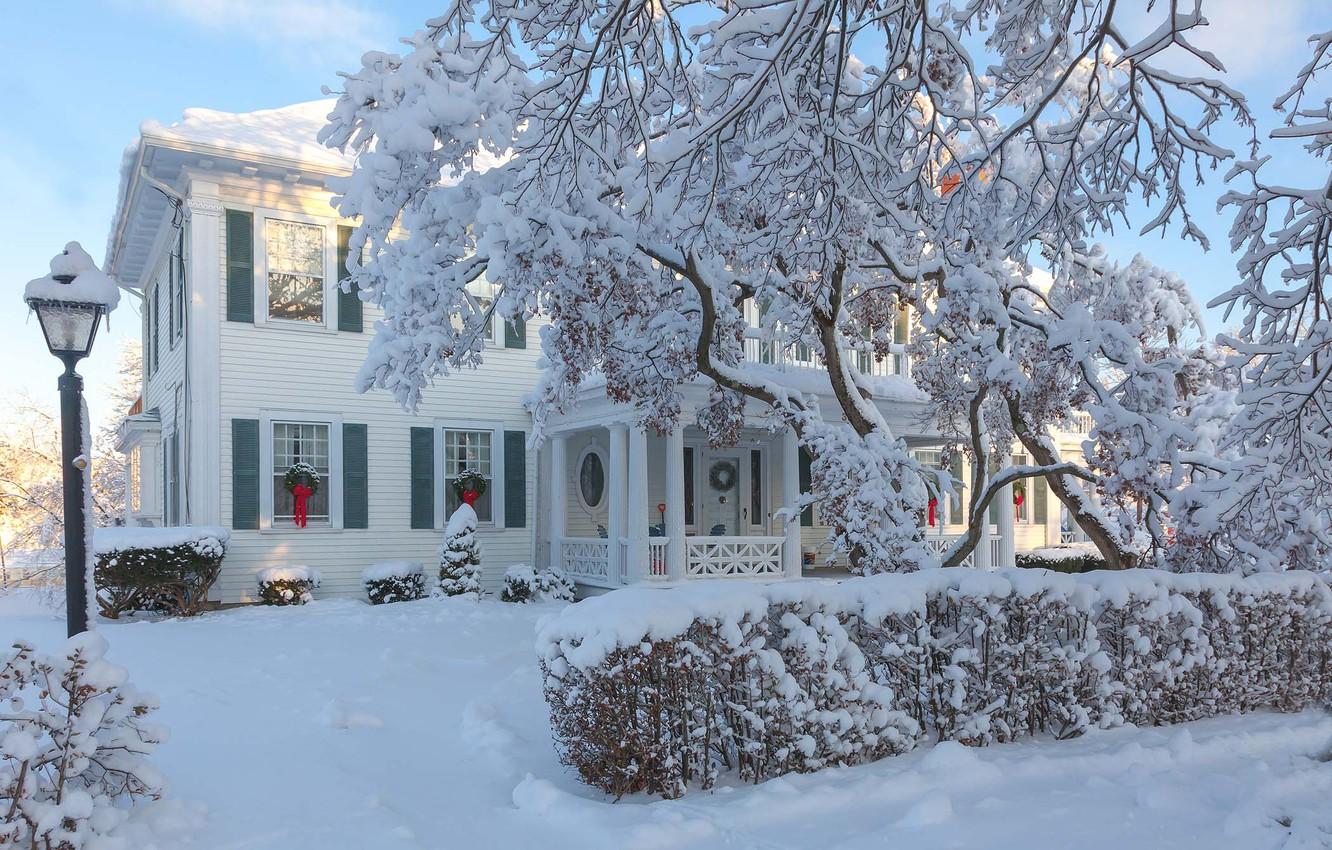 1332x850 Wallpaper winter, trees, house, street, mansion, New Jersey, Antonina Janowska image for desktop, section город