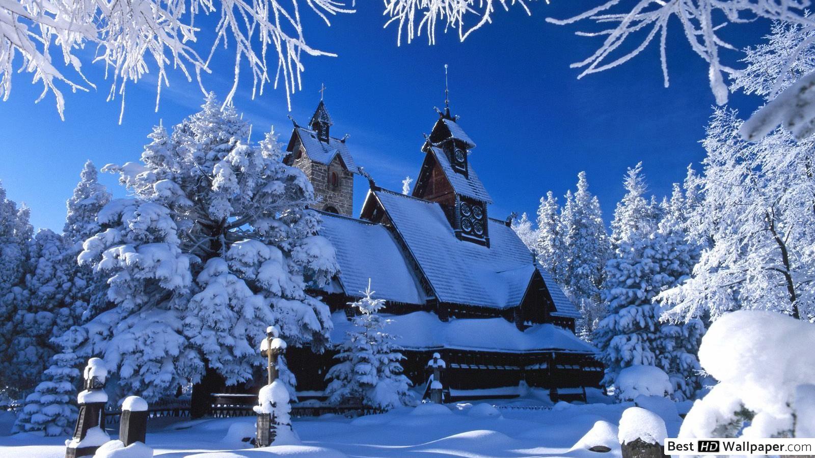 1600x900 Snow Covered Church In The Woods HD Wallpaper Download