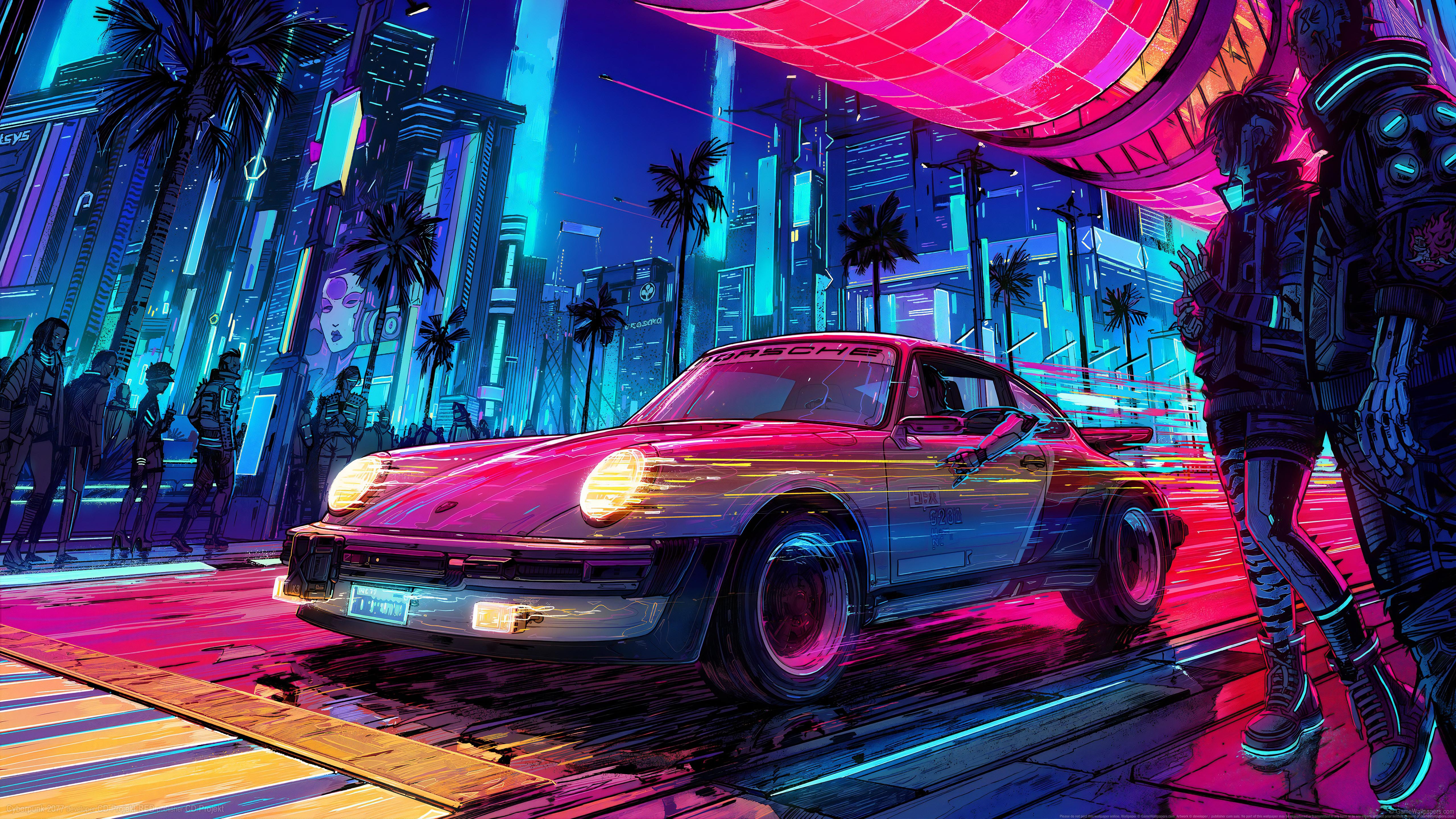 5120x2880 Video Games Video Game Art Digital Art Porsche Retro Car Neon Cyberpunk Cyberpunk 2077 Watermarked Wallpaper:5120x2880