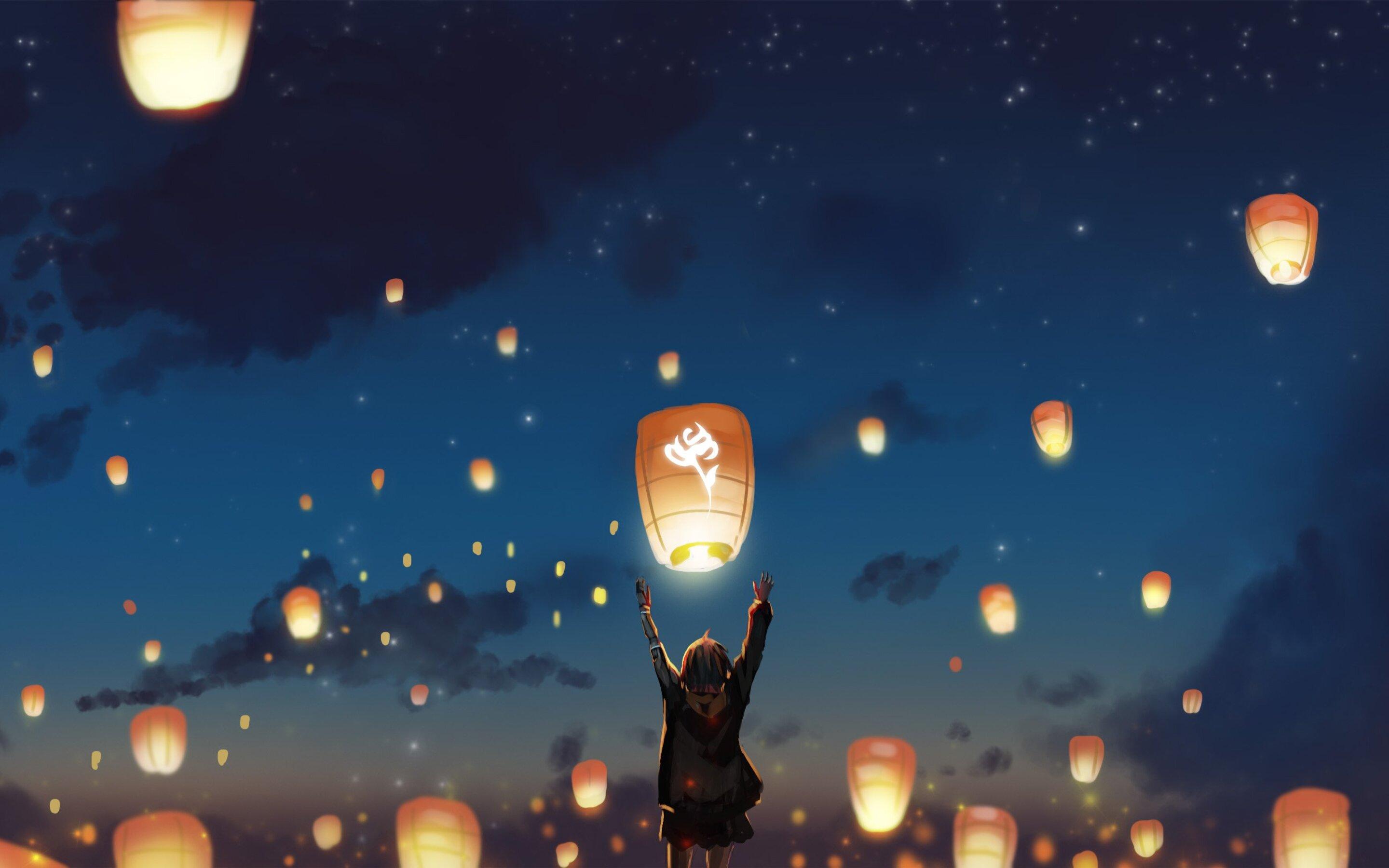 2880x1800 Lantern Night Clouds Lights Anime Stars Macbook Pro Retina HD 4k Wallpaper, Image, Background, Photo and Picture