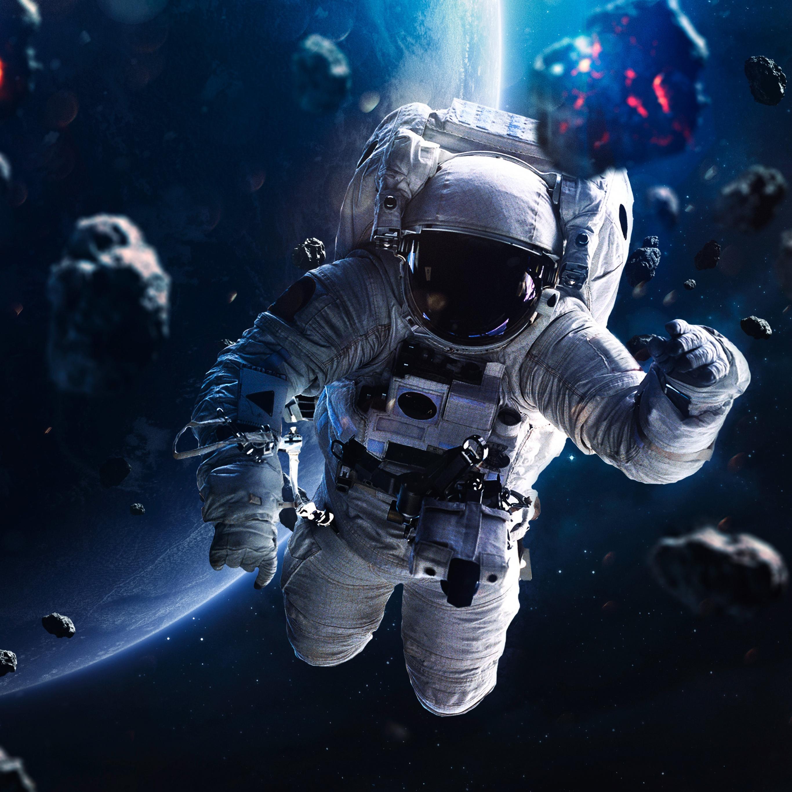2732x2732 Astronaut Wallpaper 4K, Asteroids, Blue planet, Space Travel, No Gravity, Space
