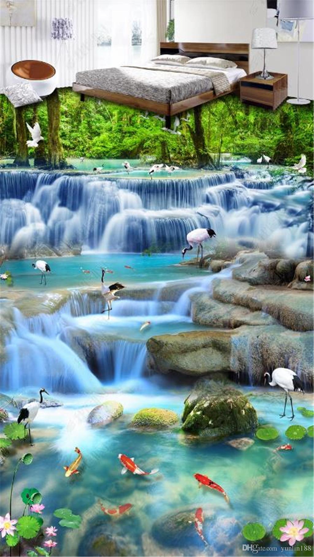 1024x1819 Custom Any Size 3D Mural Wallpaper Flowing Water, Wealth, Crane, Carp, Waterfall, 3D, Three Dimensional Painting Indoor Floor Decorating Mur From Yunlin $50.26