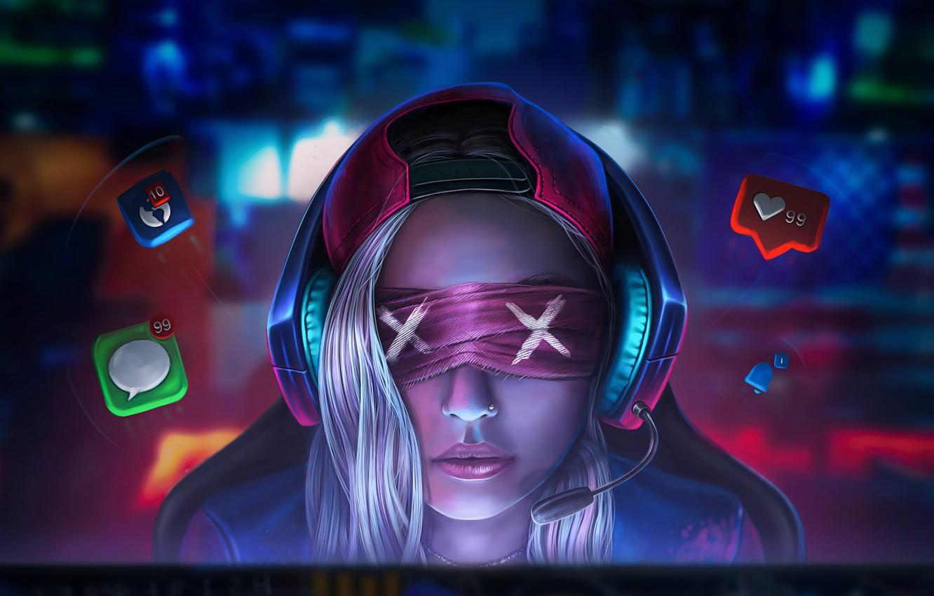 1332x850 Wallpaper Girl, Headphones, Computer, Face, Girl, Female, Headphones, Face, Headband, Media, Computer, Headband, Social, Messages, Connected, Media image for desktop, section арт
