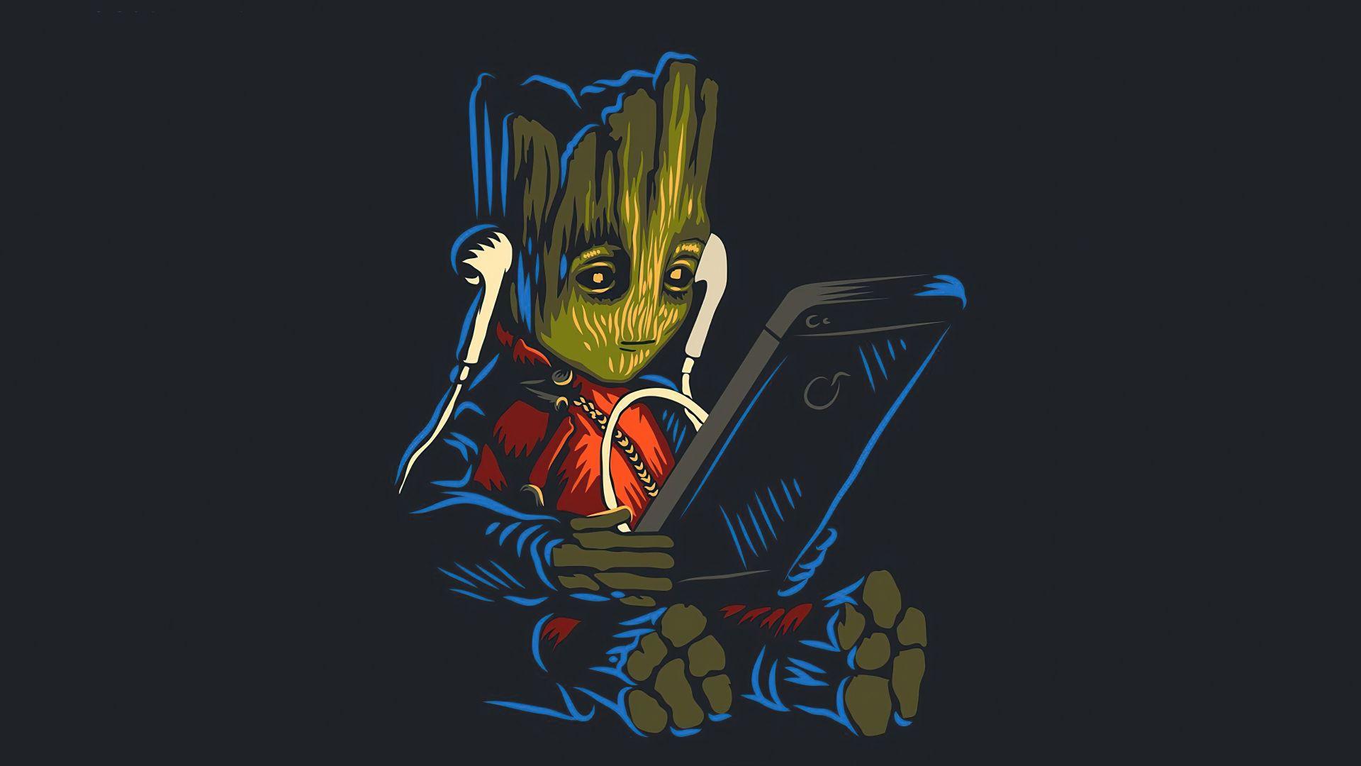 1920x1080 Desktop wallpaper baby groot, listening music on phone, fan art, HD image, picture, background, e542ee