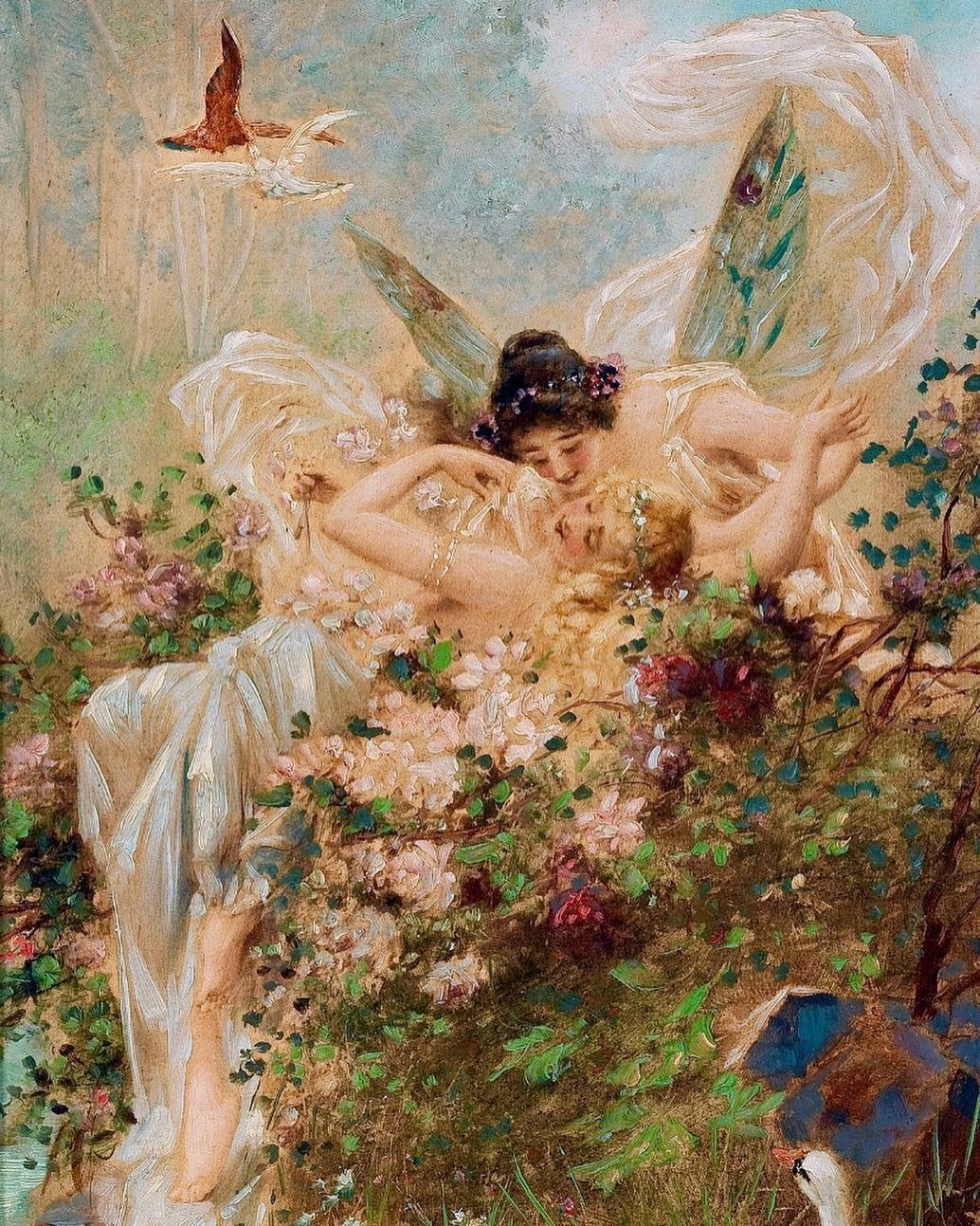 1034x1293 Hans Zatzka, Two Fairies Embracing in a Landscape with a Swan, 1900. Renaissance art, Lesbian art, Painting