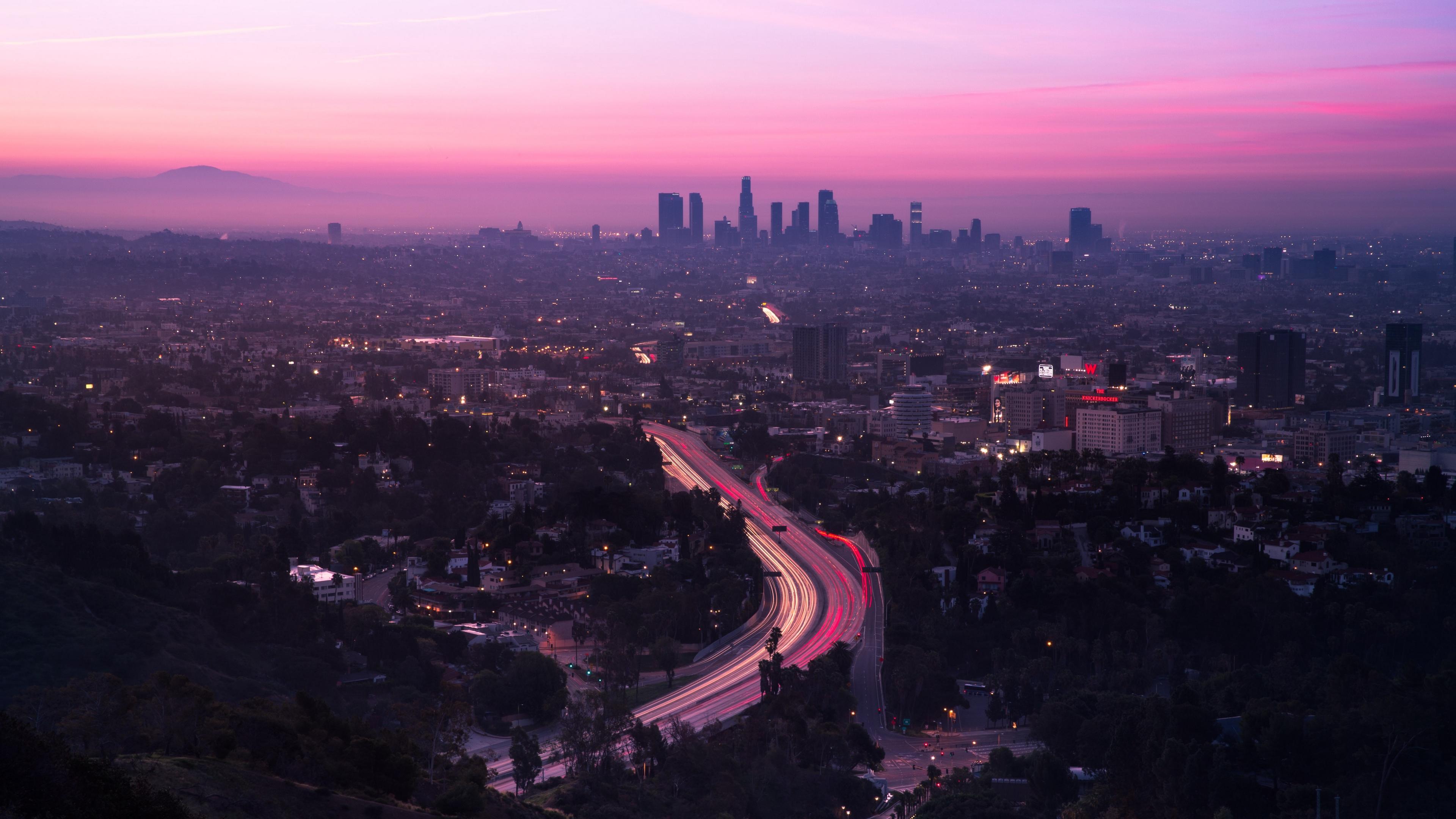 3840x2160 Wallpaper City, Aerial View, Road, Sunset, Los Angeles