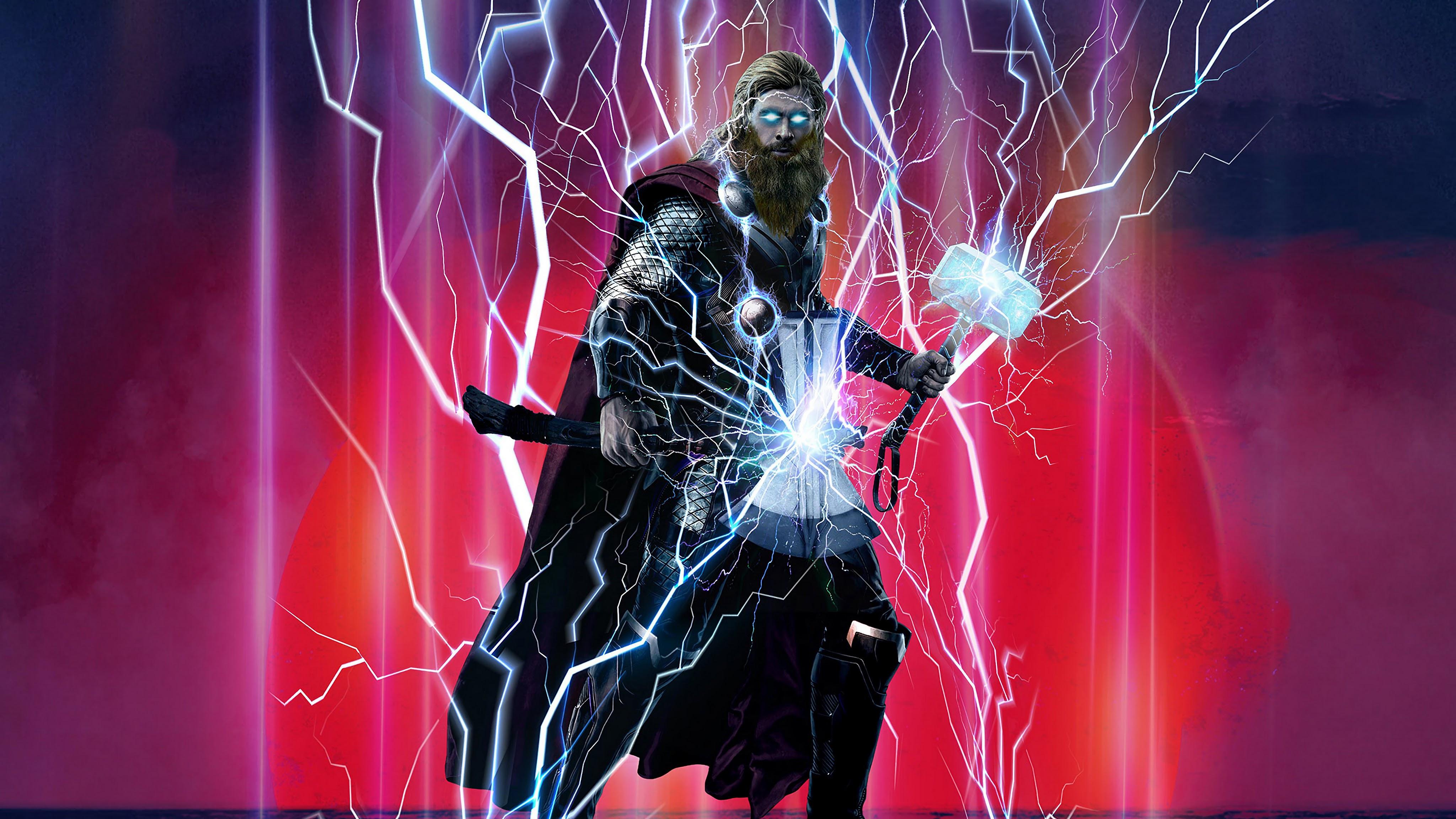 4096x2304 Avengers: Endgame Thor Stormbreaker Hammer Lightning 4K Wallpaper