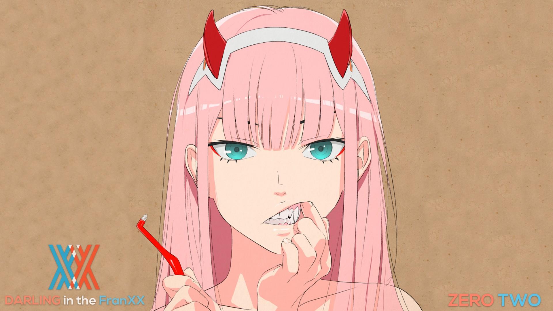 1920x1080 Darling In The FranXX Zero Two Hiro Zero Two Touching Her Teeth With Finger With Brown Background HD Anime Wallpaper