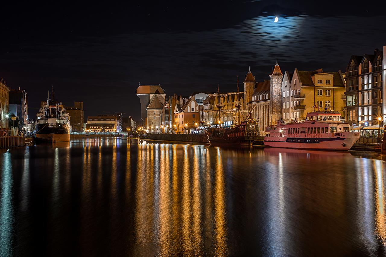 1280x853 Wallpaper Gdańsk Poland ship Moon Rivers Marinas night time Houses