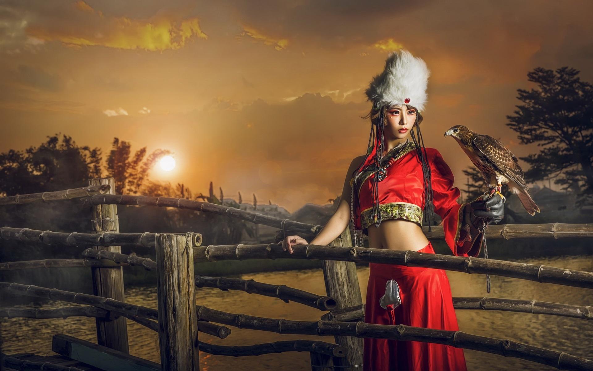 1920x1200 Wallpaper Red skirt girl, retro style, eagle, fence, sunset 1920x1200 HD Picture, Image