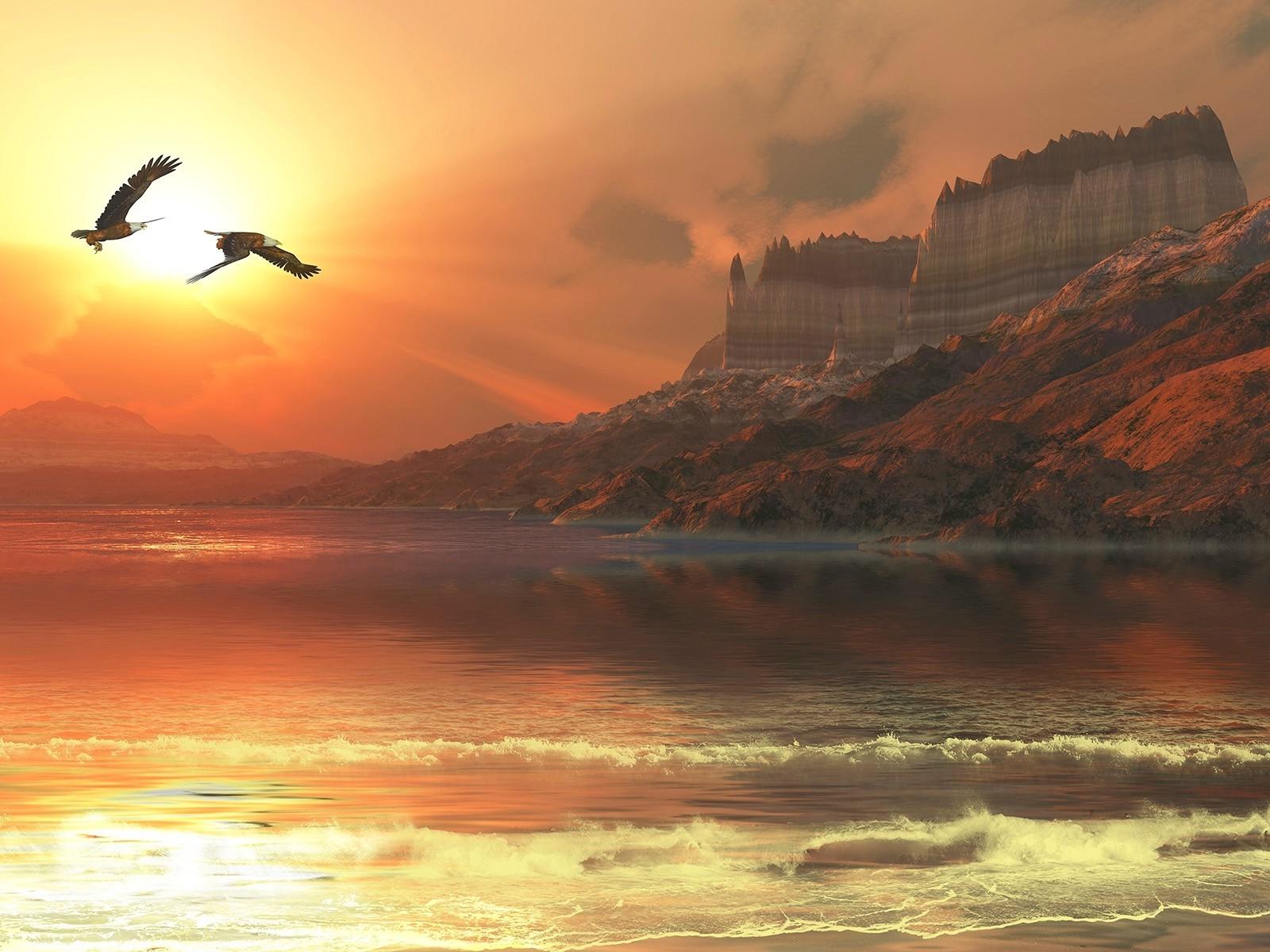 1600x1200 nature, Landscape, Eagle, Flying, Mountain, Sun Rays, Beach, Mist, Sea, Cliff, Erosion, Sunlight Wallpaper HD / Desktop and Mobile Background