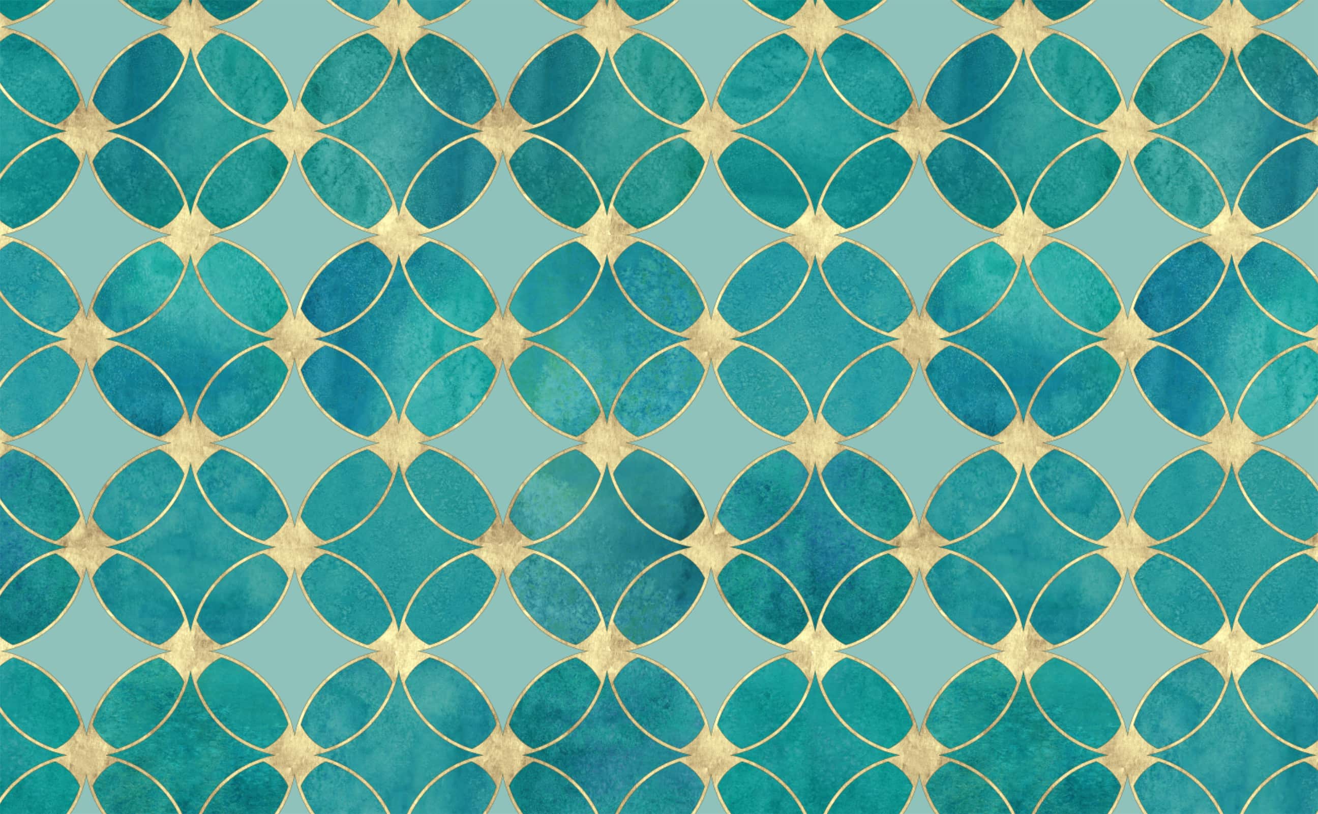 2592x1602 Teal and Green Watercolor with Gilded Circles Pattern Wallpaper for Walls