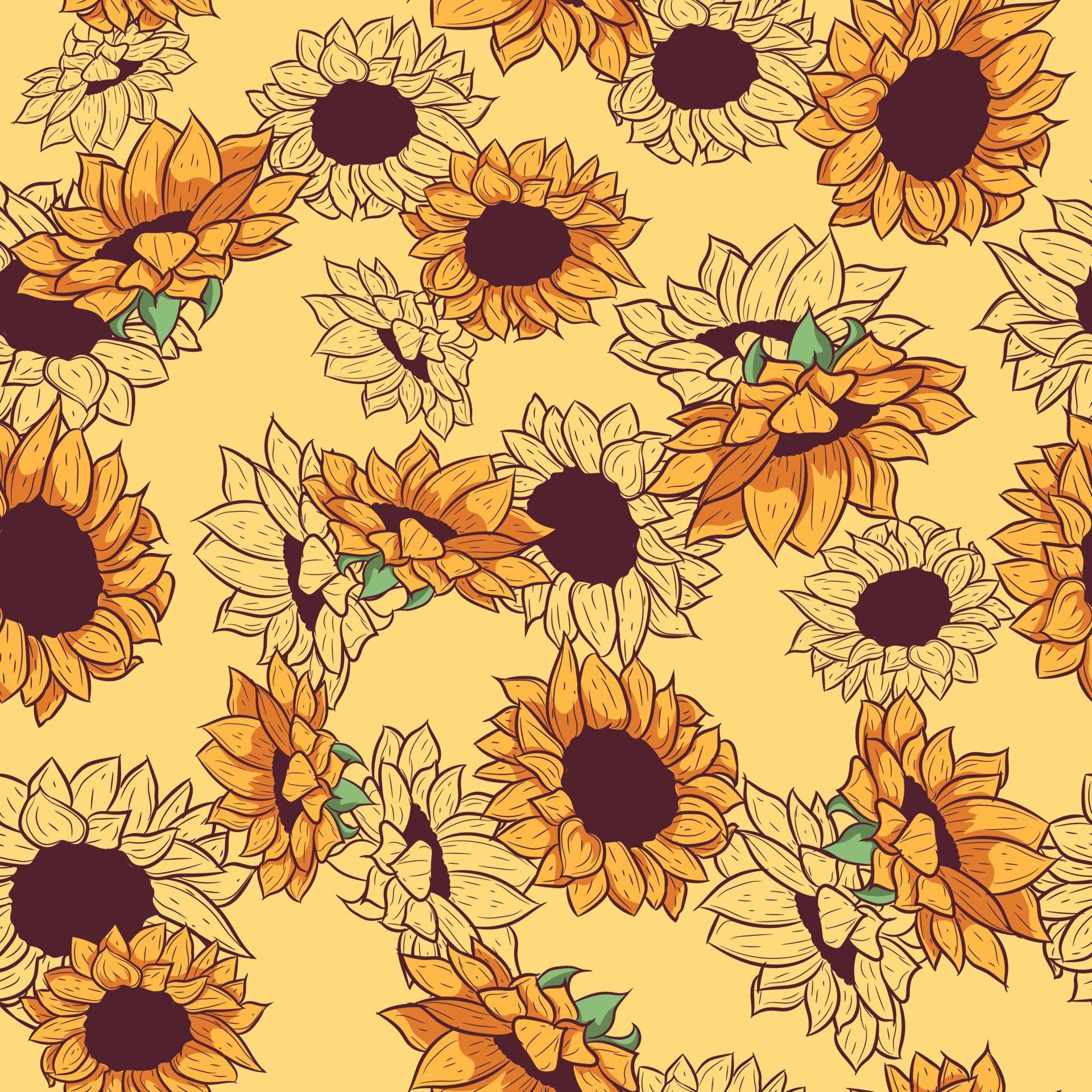 1920x1920 Yellow seamless pattern with sunflower drawings and sketches. Repetitive background with summer floral and botanical elements. Wallpaper with wildflowers