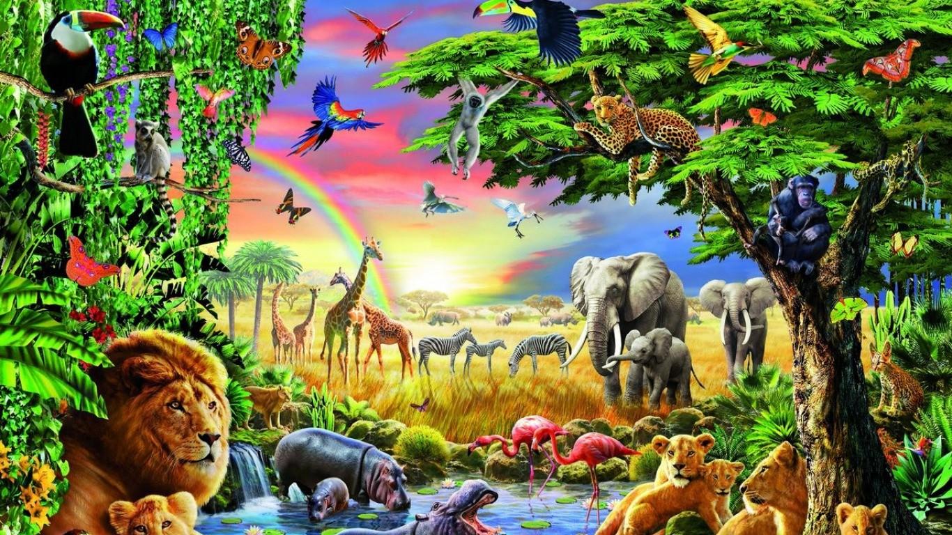 1366x768 forest HD live wallpaper, natural landscape, nature, natural environment, jungle , wildlife, organism, landscape, adaptation, painting, animation