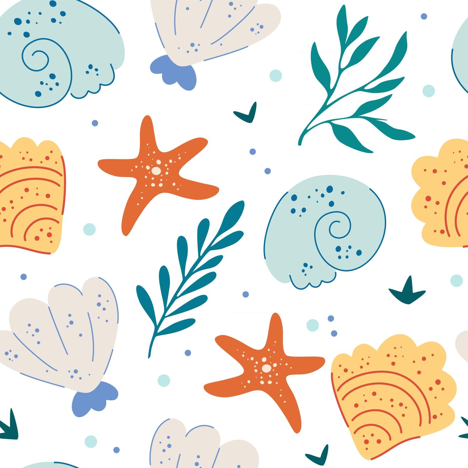 1920x1920 Sea shells and starfish seamless pattern Cute ocean background Fun underwater background great for ocean themes beach fabrics summer textiles or background wallpaper Flat vector illustration