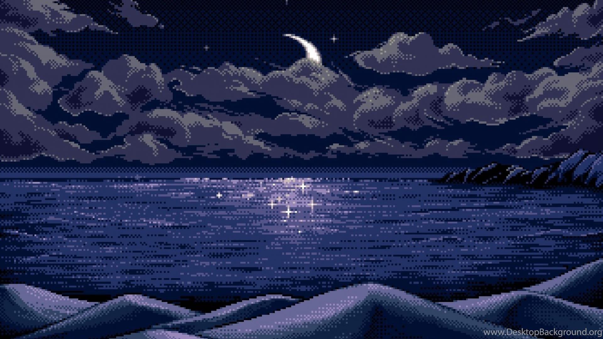 1920x1080 Clouds Night Moon Pixel Art Lakes Wallpaper Desktop Background