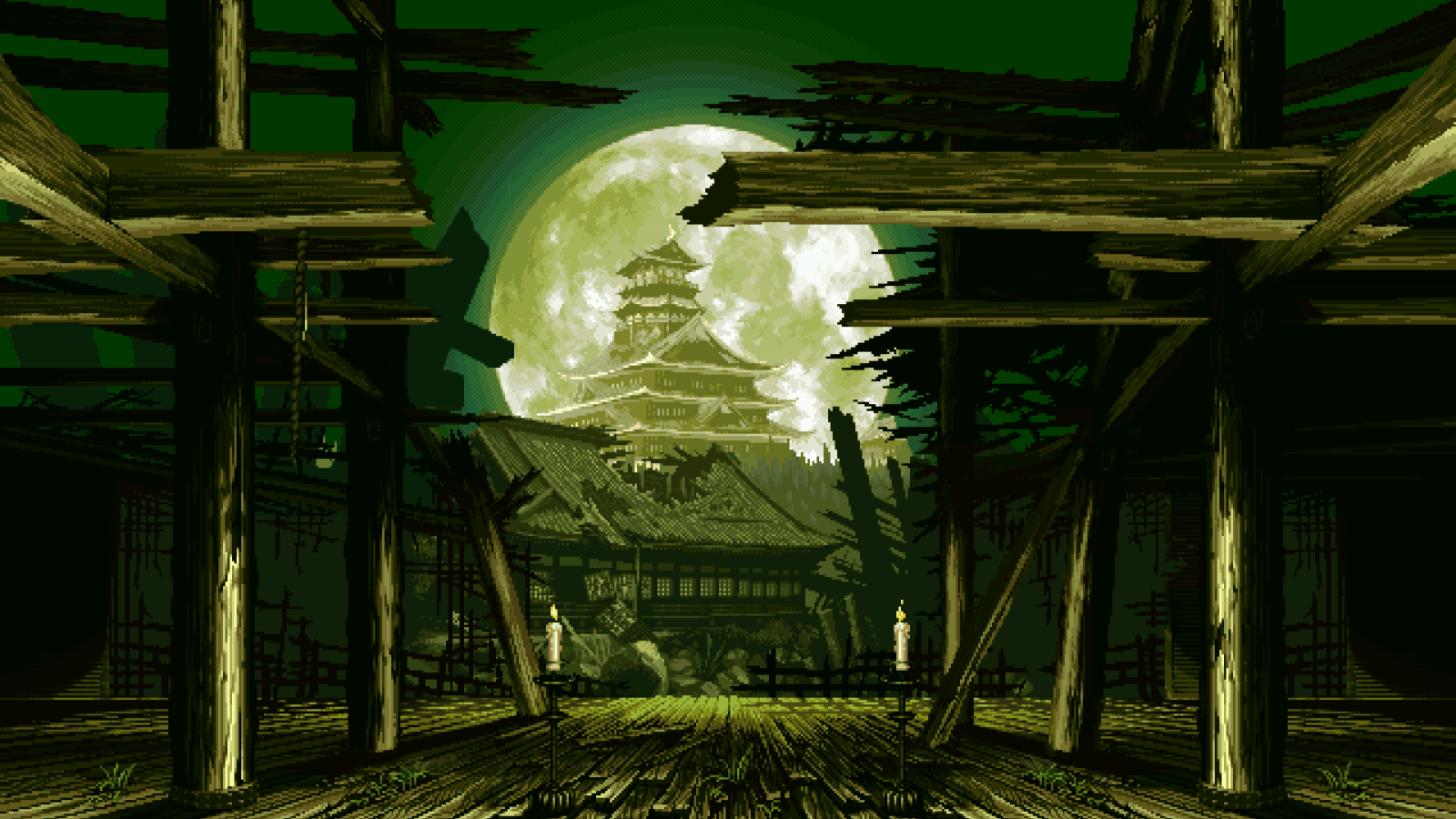1600x900 night, pixel art, green, jungle, darkness, screenshot, computer wallpaper. Mocah HD Wallpaper