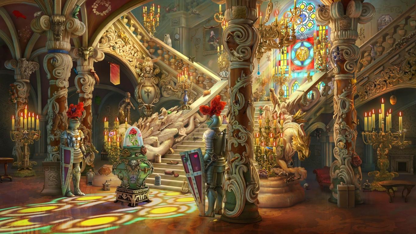 1366x768 Download 1366x768 Beauty And The Beast, Castle, Artwork, Stairs, Interior Design, Candles Wallpaper for Laptop, Notebook