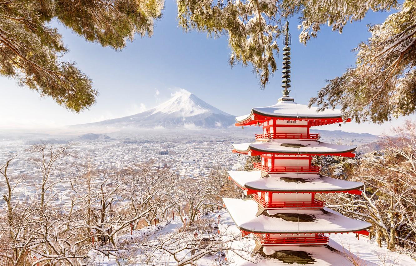 1332x850 Wallpaper winter, mountain, Japan, pagoda, Fuji image for desktop, section пейзажи