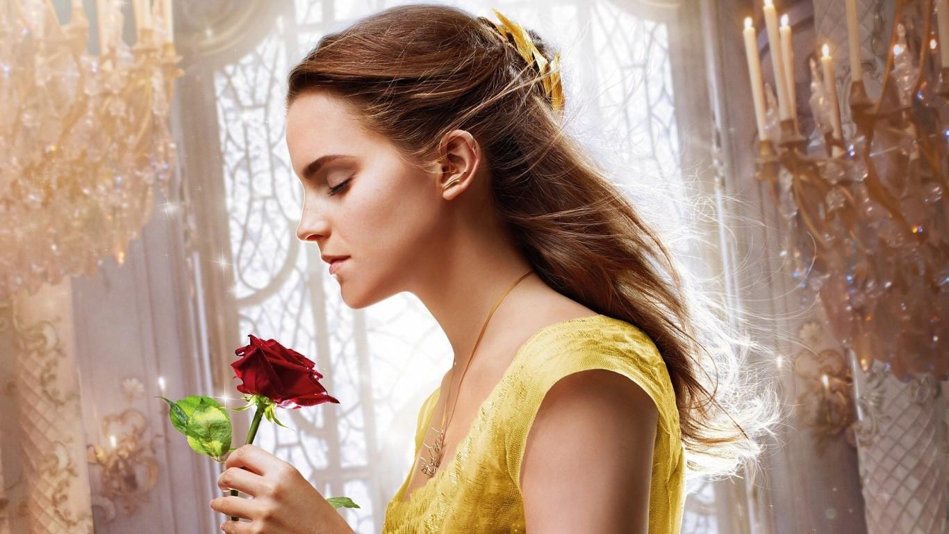 1366x768 Download 1366x768 Emma Watson, Beauty And The Beast, Rose, Profile View Wallpaper for Laptop, Notebook