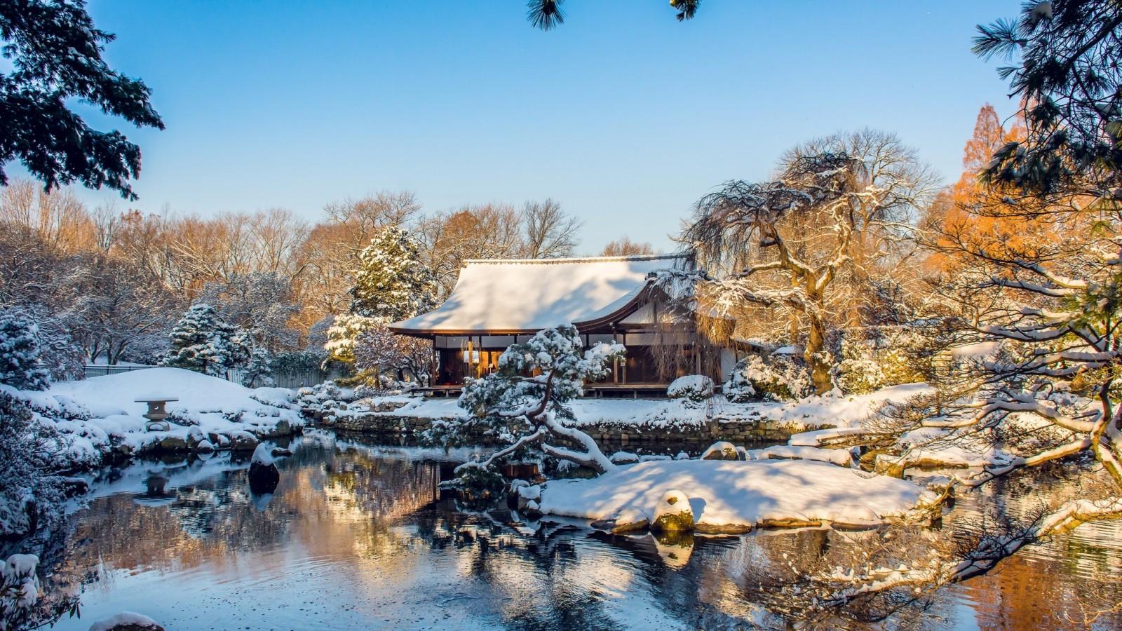 1600x900 Download 1600x900 Japan, House, Snow, Reflection, Water, Trees, Winter Wallpaper