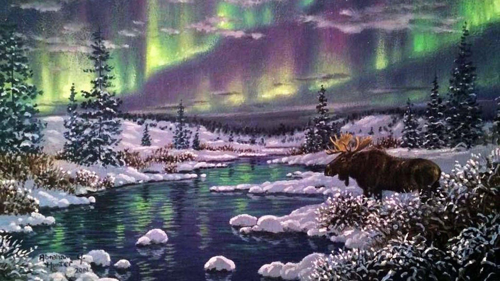 1920x1080 art, Oil, Painting, Drawing, Aurora, Forest, Snow, Moose, River Wallpaper HD / Desktop and Mobile Background