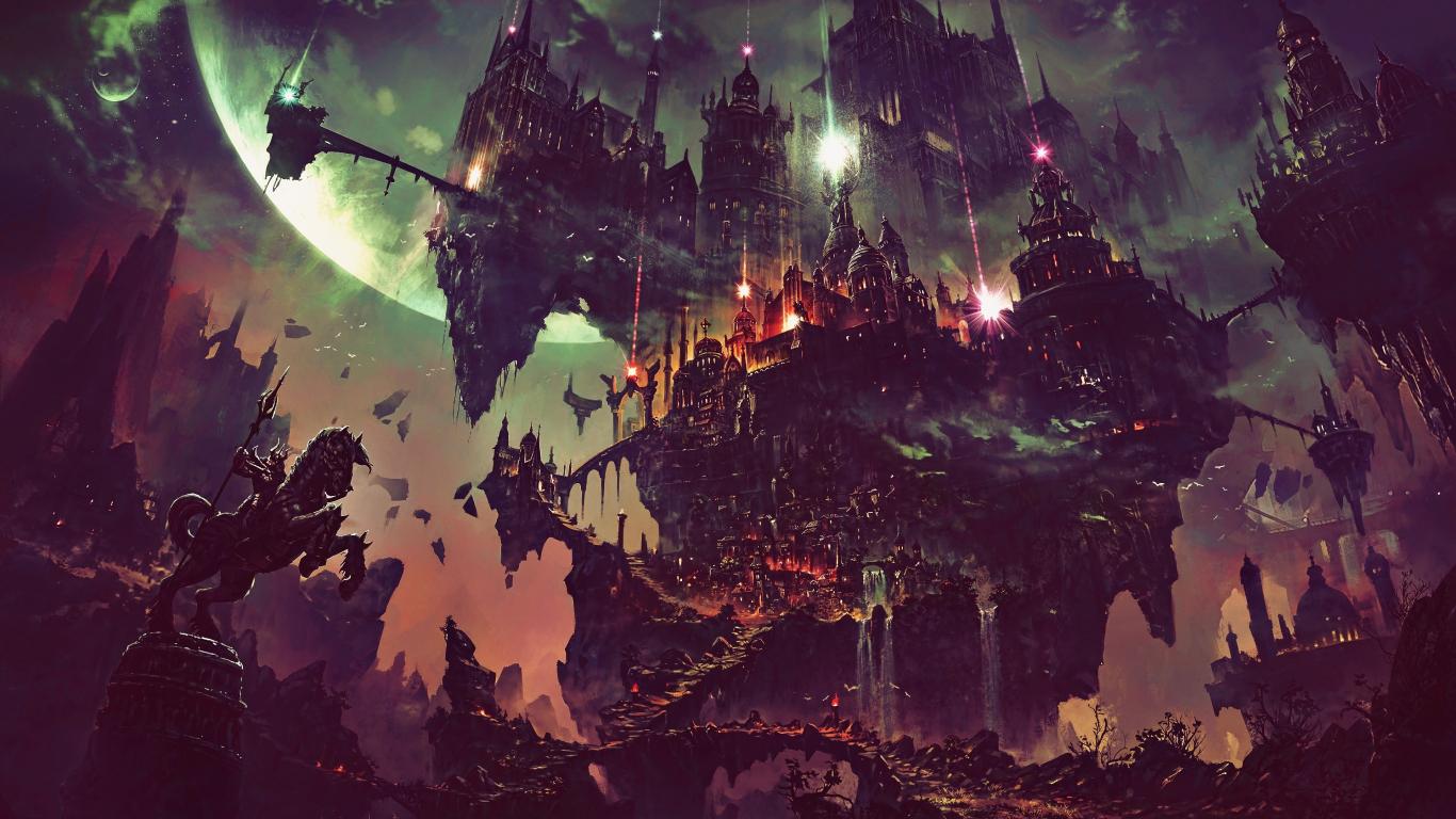 1366x768 Download 1366x768 wallpaper fantasy, flying city, dark, art, tablet, laptop, 1366x768 HD image, background, 6039