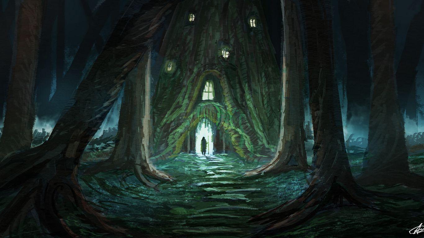 1366x768 Download wallpaper 1366x768 wanderer, stairs, hut, fantasy, art tablet, laptop HD background
