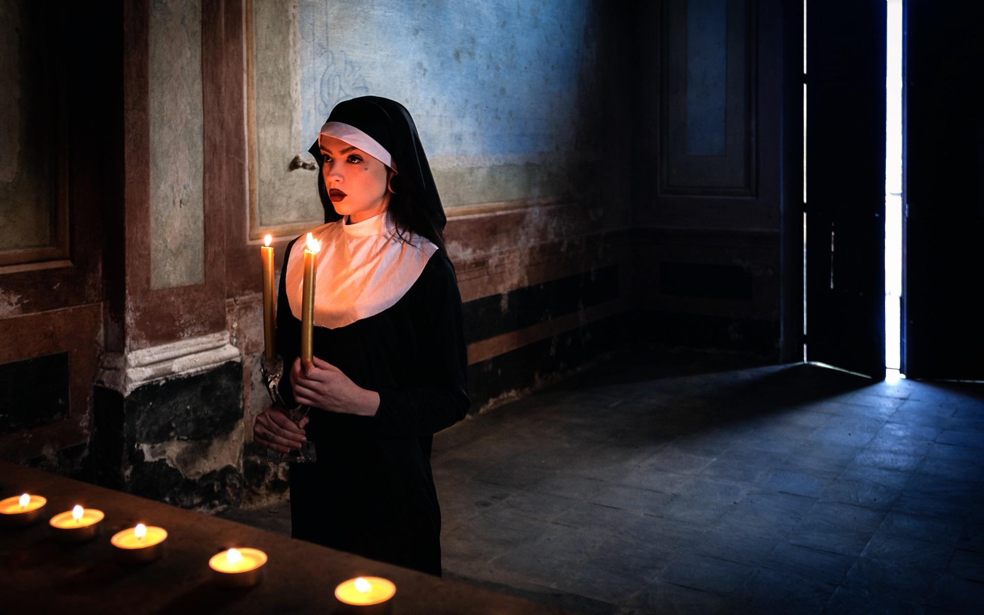 1920x1200 Wallpaper Girl, nun, prayer, candles 1920x1200 HD Picture, Image