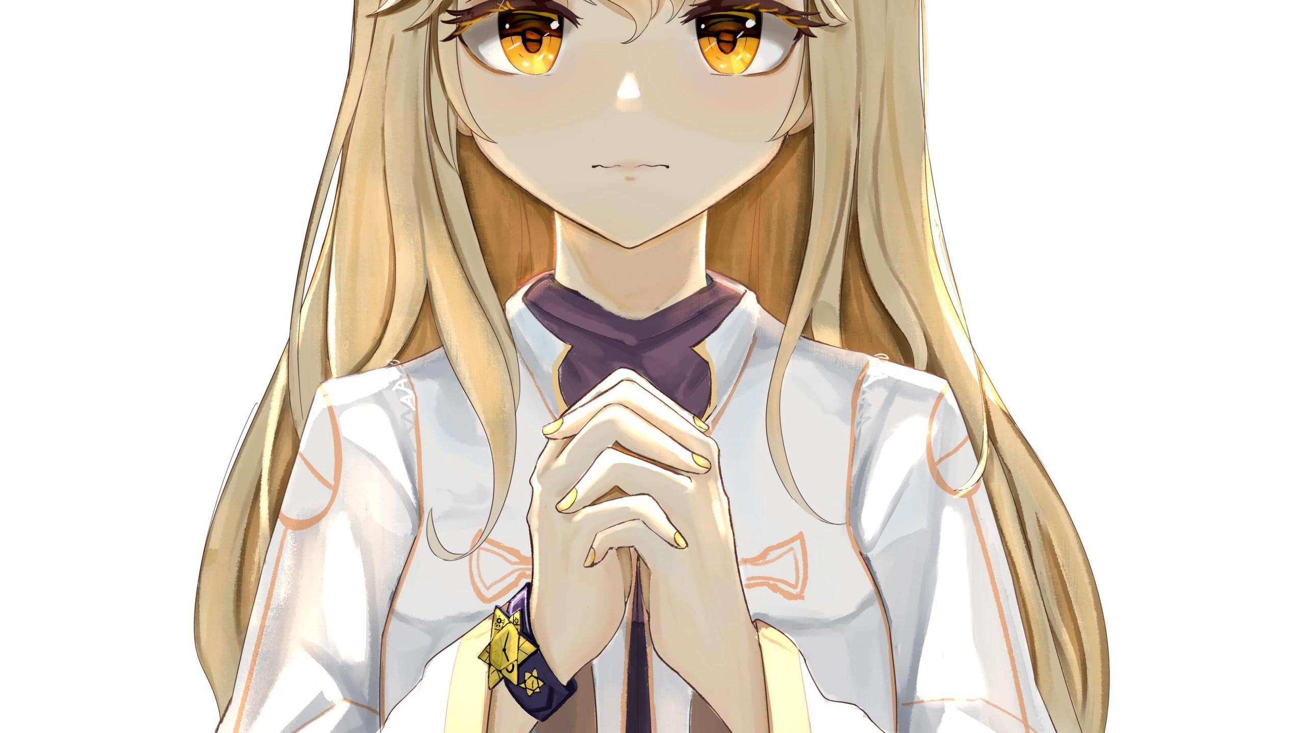 2560x1440 Download 2560x1440 Cute Anime Girl, Nun, Blonde, Praying, Face Portrait Wallpaper for iMac 27 inch