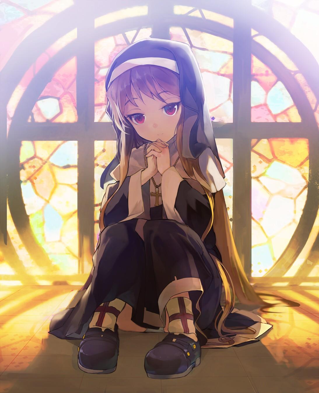 1094x1349 #anime girls, #underwear, #anime, #nuns, #loli, #red eyes, #long hair, wallpaper. Mocah HD Wallpaper