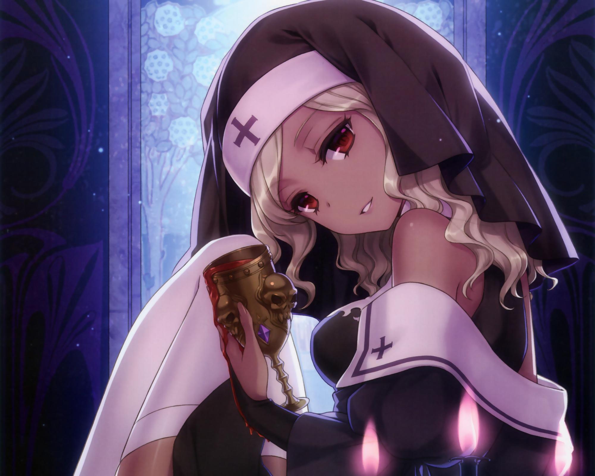 2000x1600 original, Blonde, Hair, Nun, Original, Red, Eyes, Thighhighs, Fantasy, Mood, Gothic Wallpaper HD / Desktop and Mobile Background