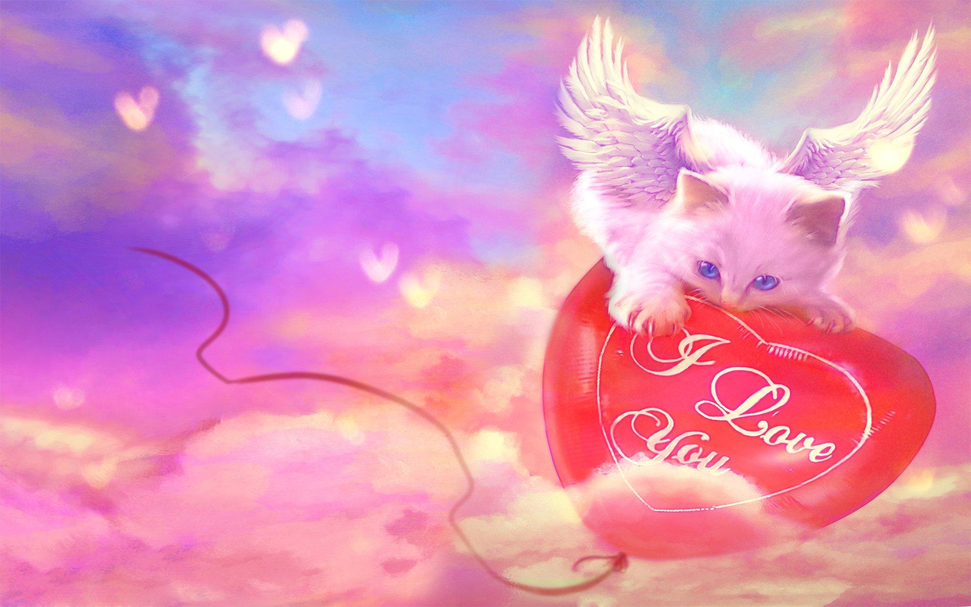 1920x1200 Kitten with Valentine Balloon HD Wallpaper