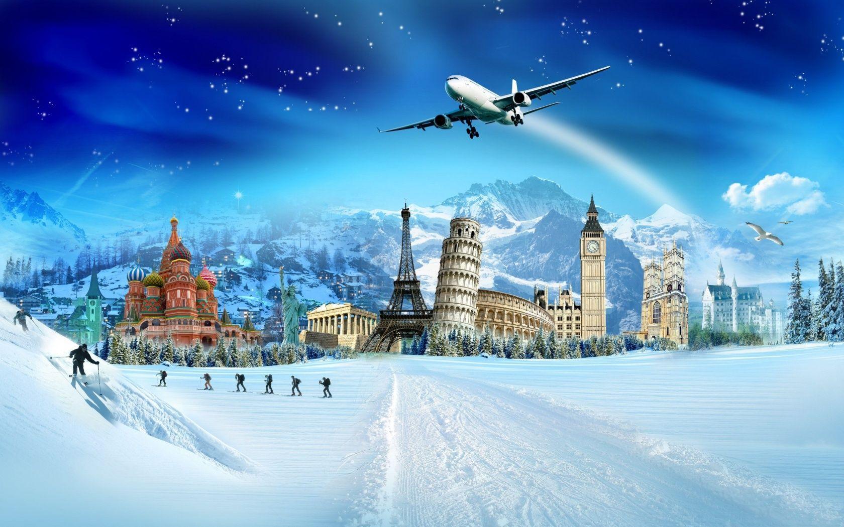 Images 3D Graphics Airplane Tourism Palms Tropics Suitcase Colored