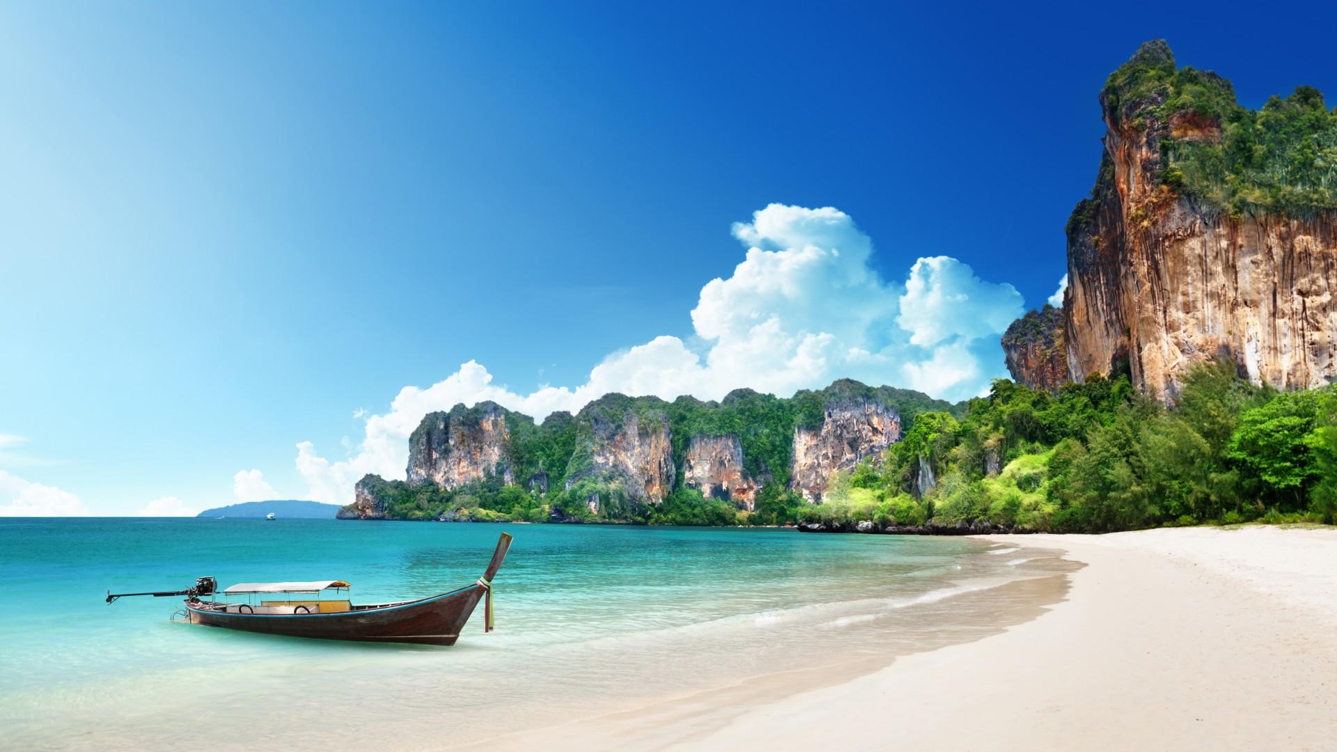 1920x1080 Wallpaper Thailand, 5k, 4k wallpaper, 8k, beach, shore, boat, rocks, travel, tourism, Nature
