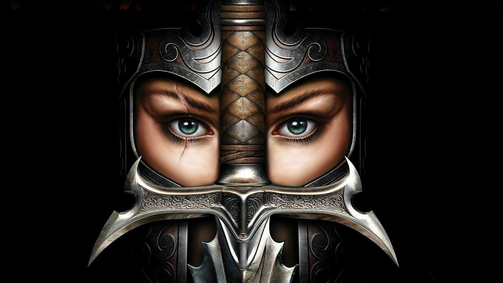 1920x1080 #eyes, #black background, #soldier, #face, #fantasy art, #sword, #women, #armor, #scars, wallpaper. Mocah HD Wallpaper