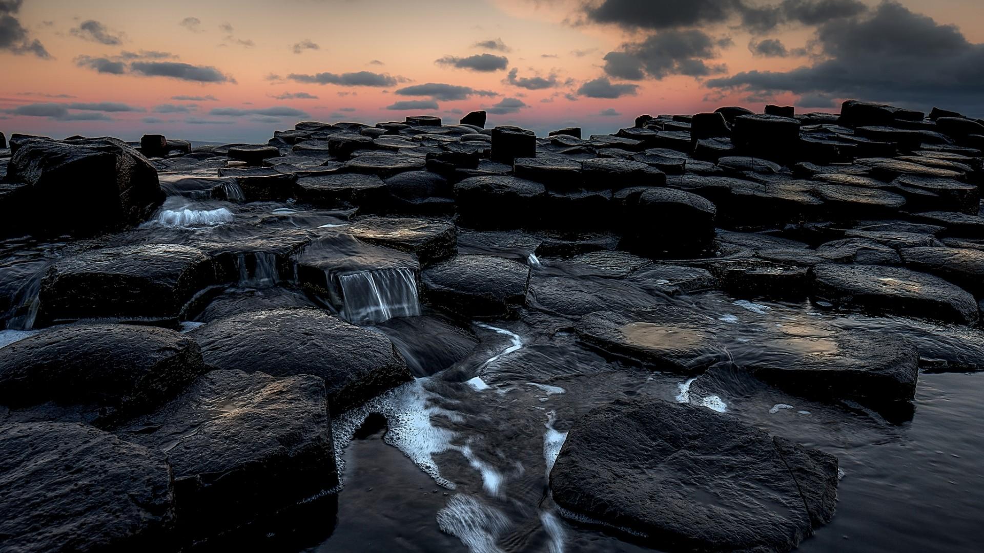 1920x1080 #sea #Giants Causeway #long exposure #rock #coast #nature #sunset #clouds #rock formation #water #Ireland #landscape wallpaper. Mocah HD Wallpaper