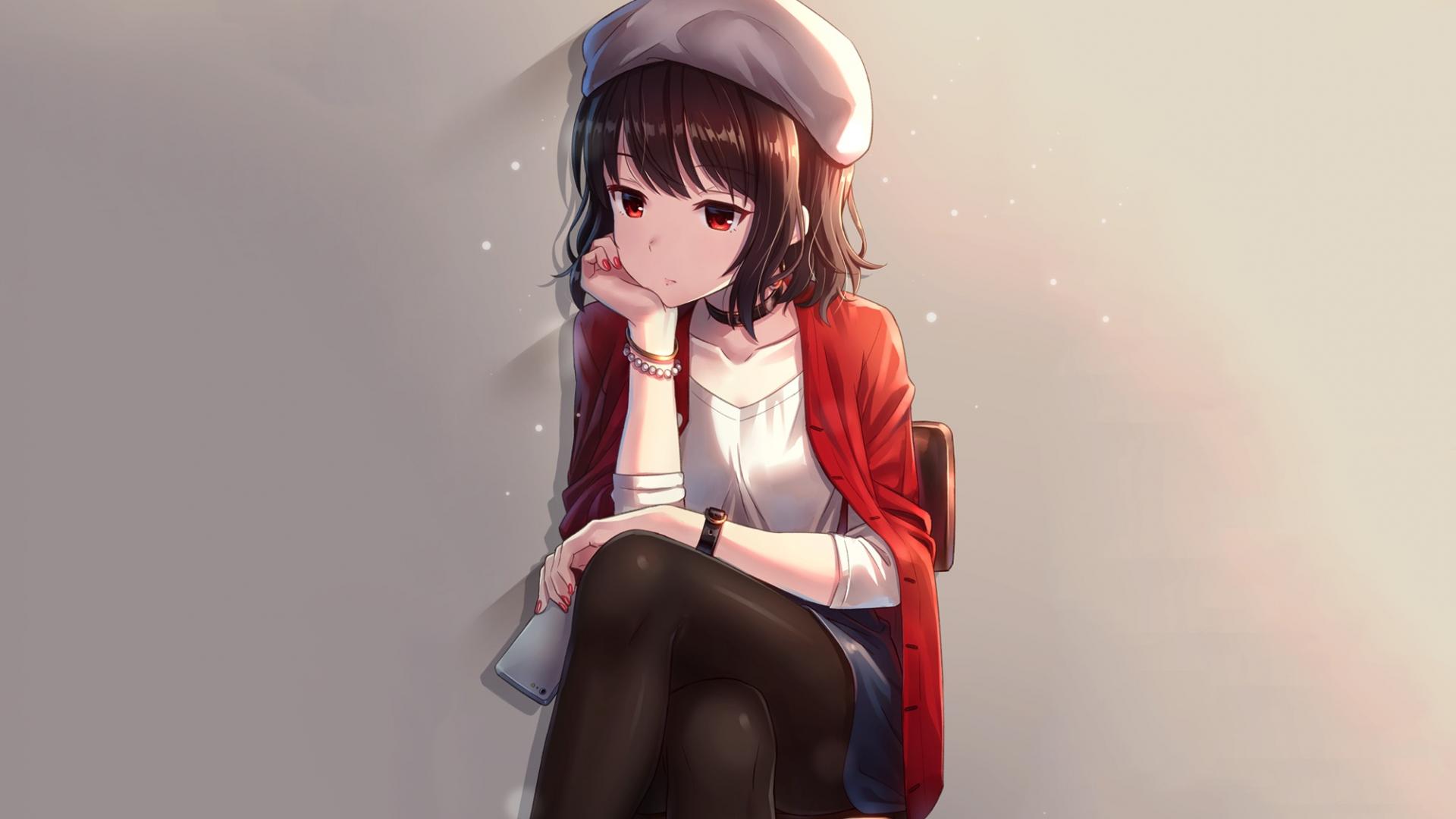 1920x1080 Download 1920x1080 wallpaper red eyes, cute, anime girl, sit, original, full hd, hdtv, fhd, 1080p, 1920x1080 HD image, background, 178