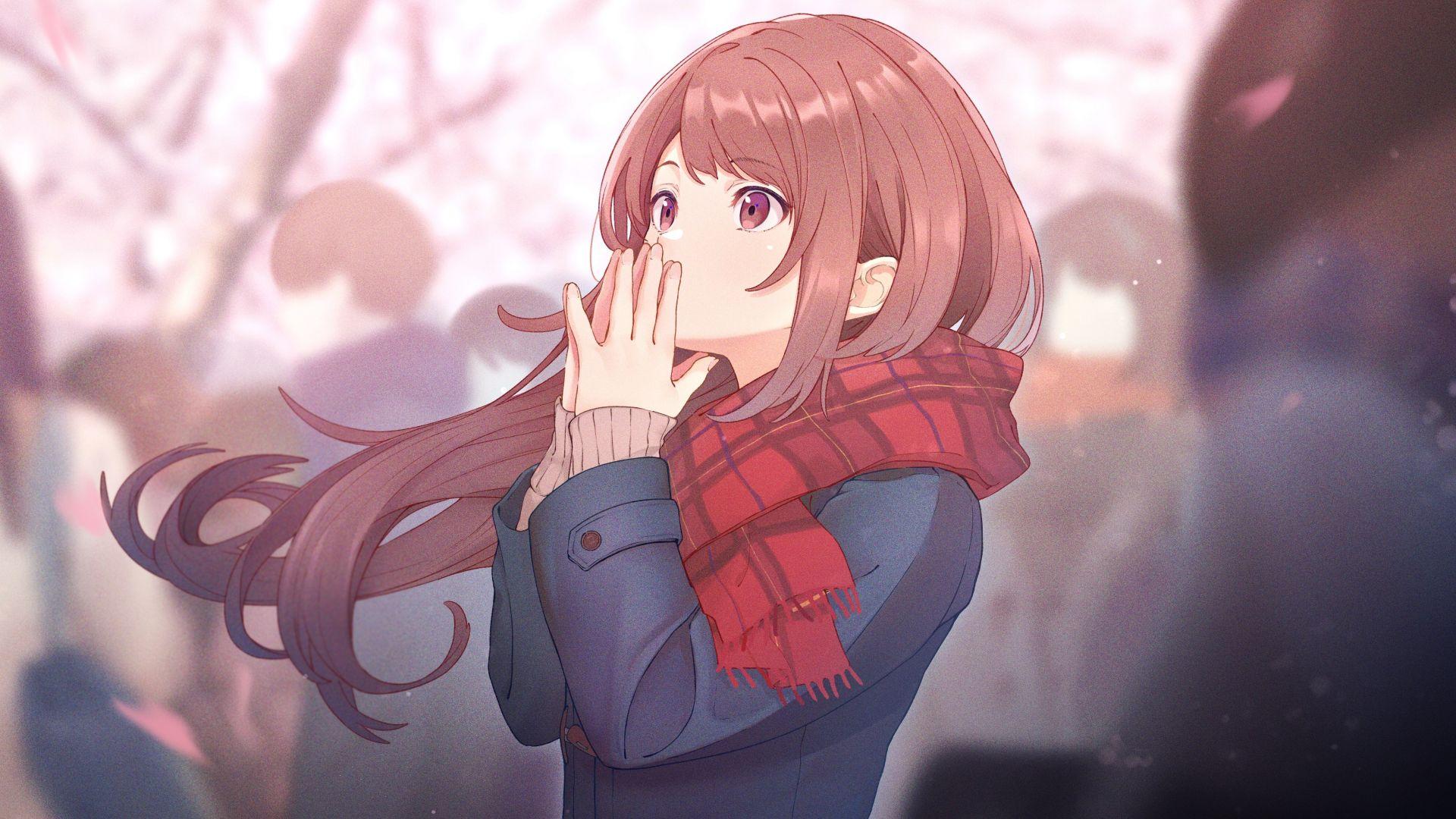 1920x1080 Desktop wallpaper cute, anime girl, pretty eyes, winter, red scarf, HD image, picture, background, 586af7