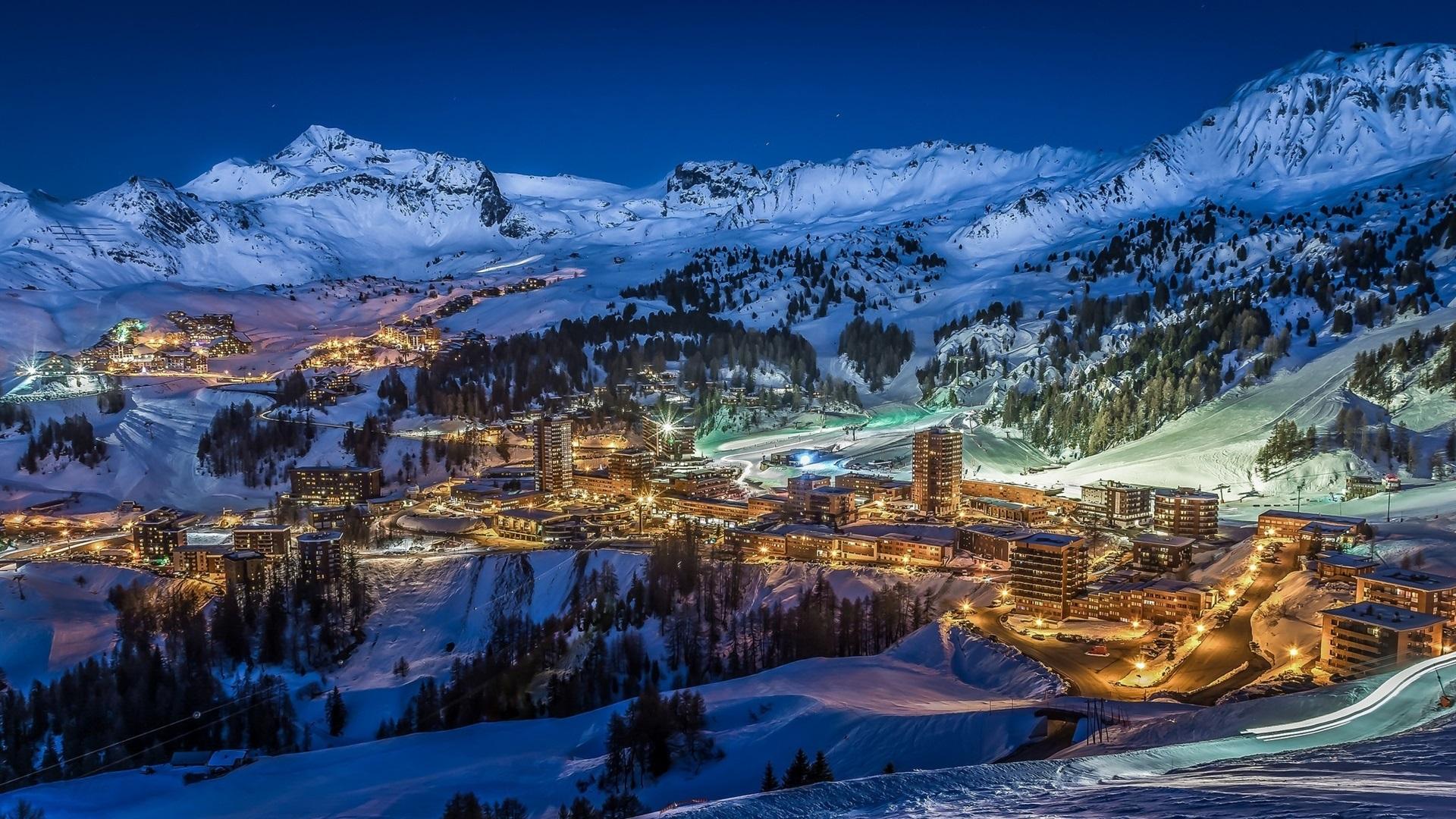 1920x1080 Wallpaper Winter, night, snow, city, lights, mountains, top view 1920x1200 HD Picture, Image