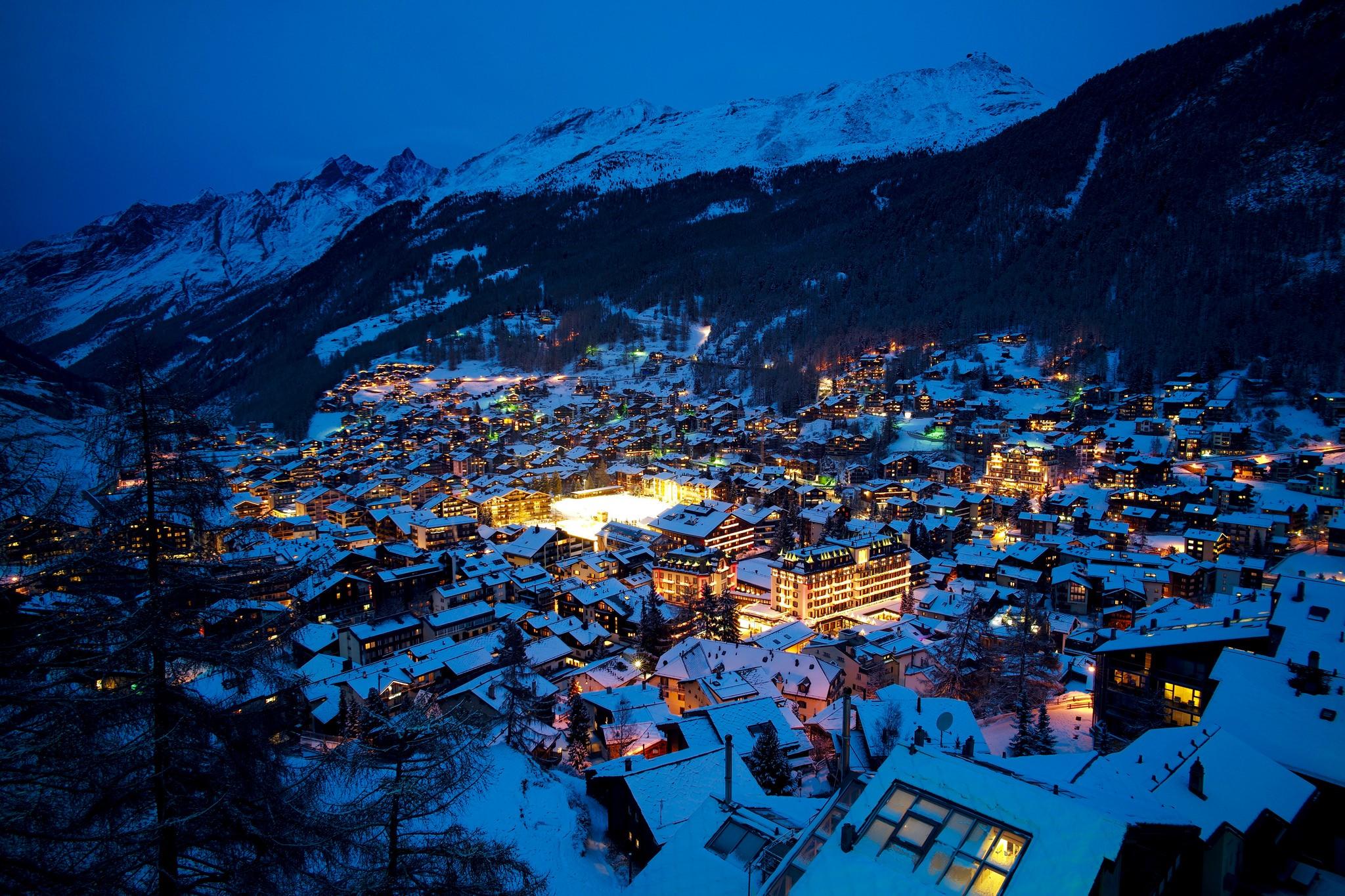 2048x1365 mountain, City, Winter, City lights Wallpaper HD / Desktop and Mobile Background
