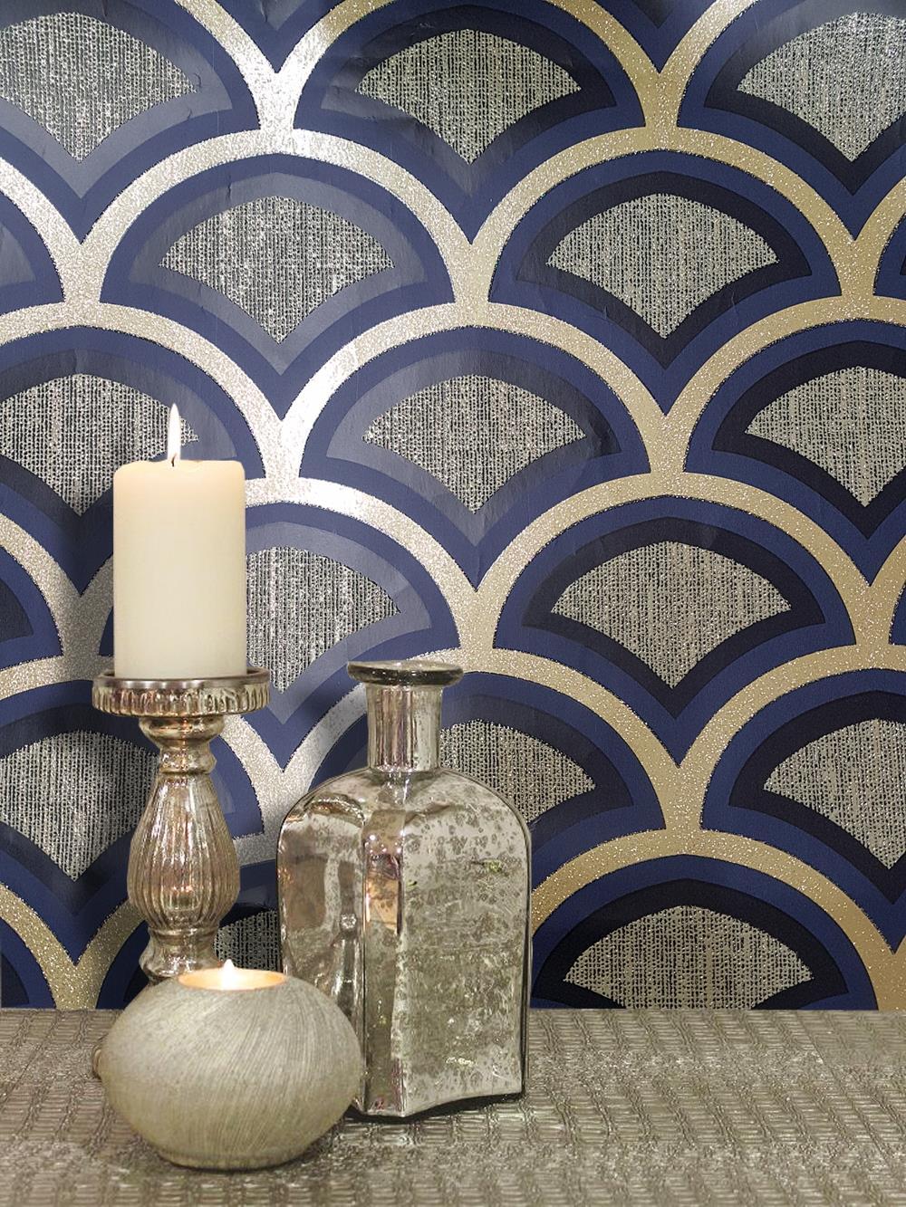 1000x1333 Retro Arch Fan Geometric Wallpaper Vinyl Black Blue Silver Gold Glitter Metallic