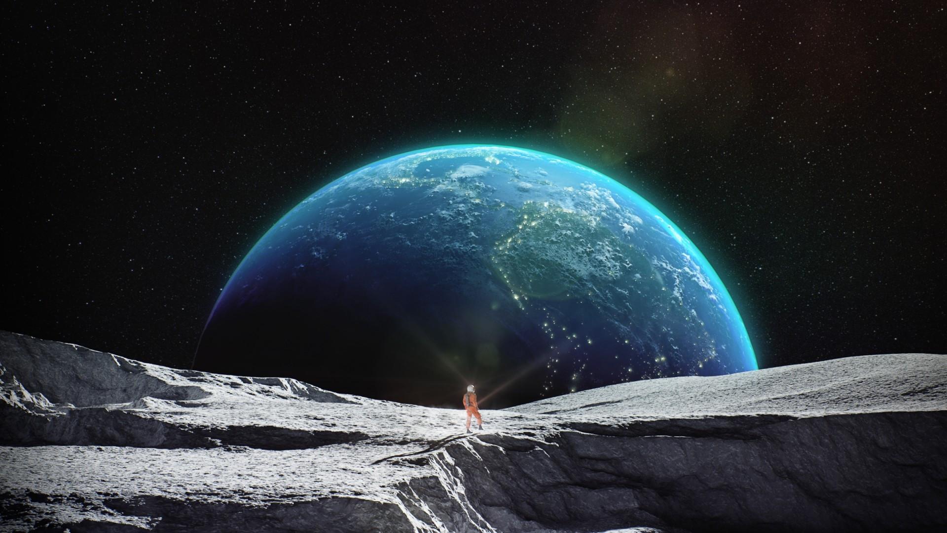 1920x1080 Download 1920x1080 Moon Surface, Astronaut, Earth, Galaxy, Stars Wallpaper for Widescreen