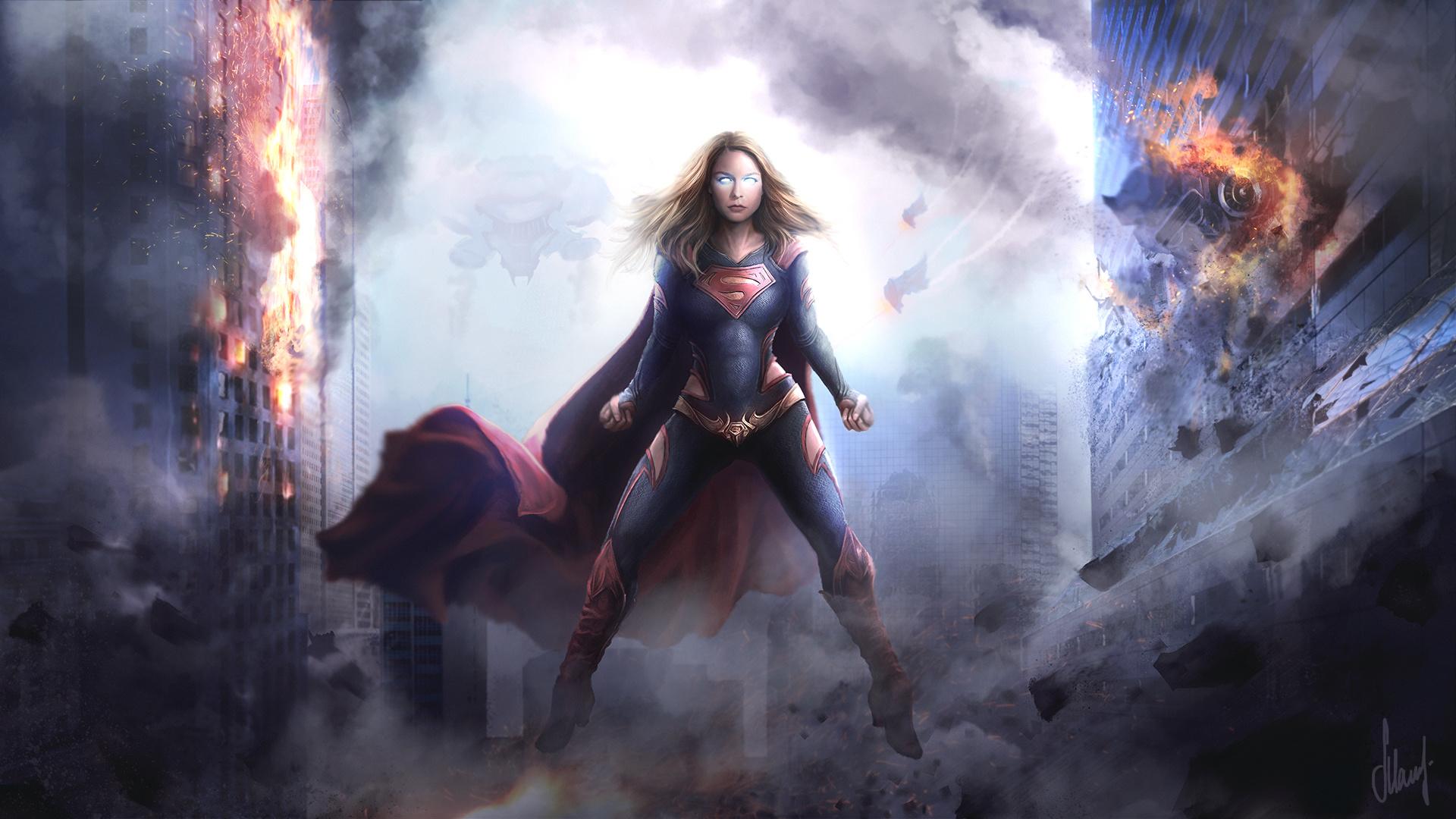 1920x1080 Desktop wallpaper supergirl, smoke, dusk, superhero, art, HD image, picture, background, dc91ca