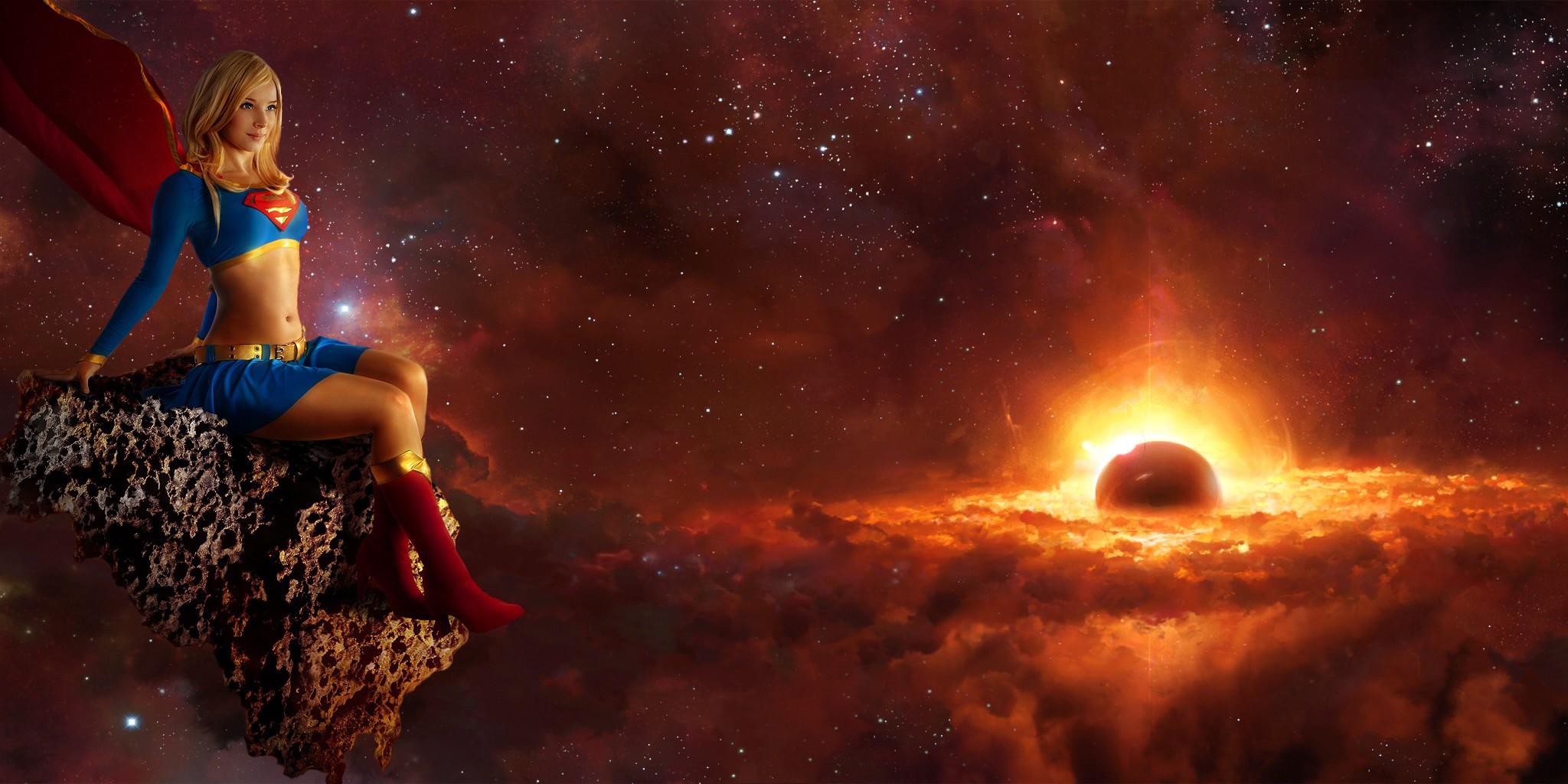 2048x1024 outer space cosplay supergirl photomanipulations 2048x1024 wallpaper