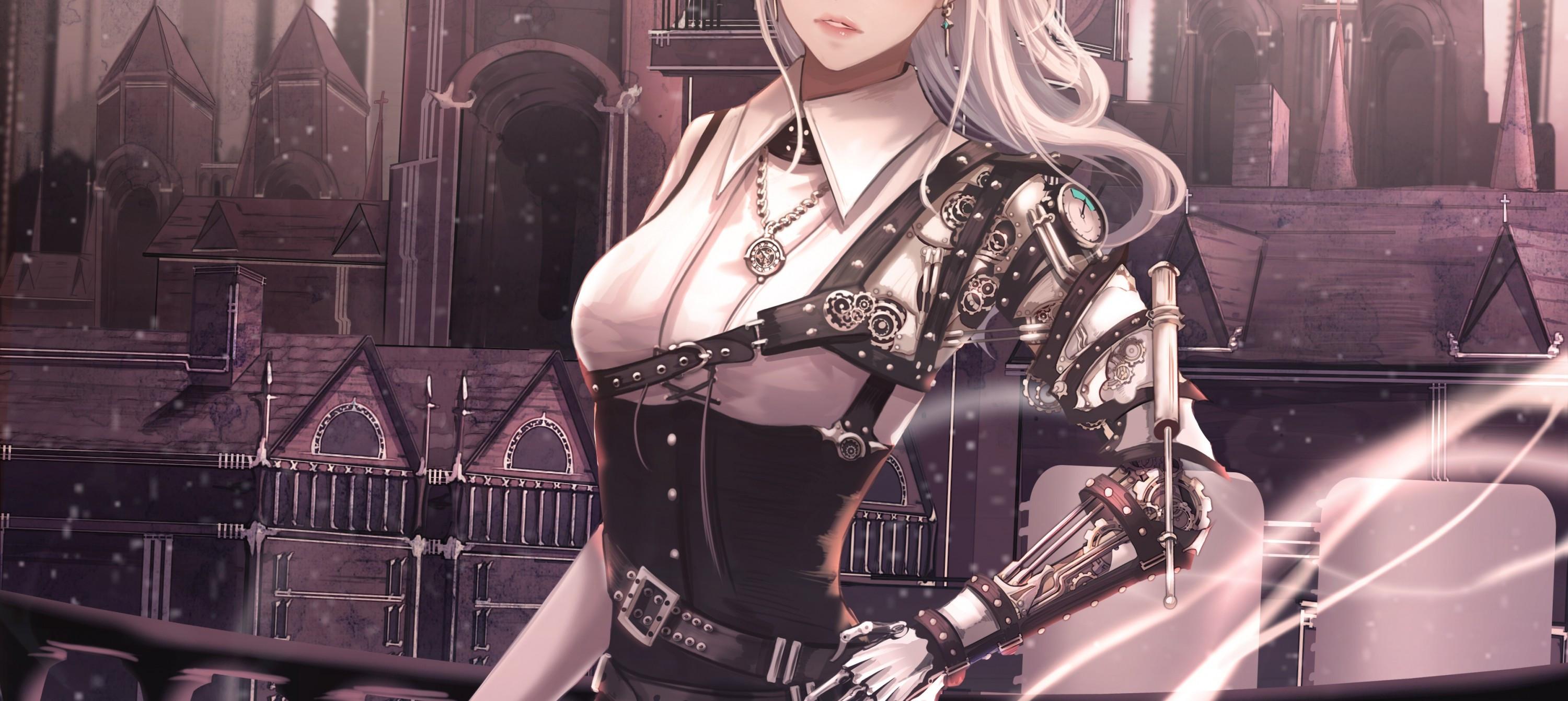 3000x1342 Download 3000x1342 Anime Girl, Steampunk, Cyborg, Fantasy, Blonde, Earrings Wallpaper